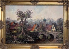 Th. Kortten (German) Oil Painting on canvas European Village Bridge Scene Framed