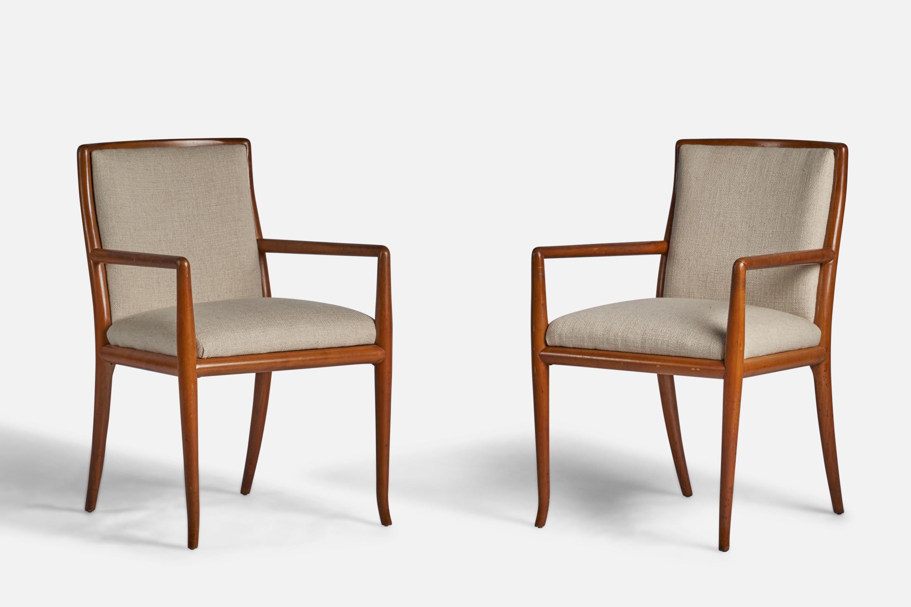 A pair of walnut and off-white fabric armchairs or side chairs designed by T.H. Robsjohn-Gibbings and produced by Widdicomb, Grand Rapids, Michigan, USA, 1950s.
20” seat height