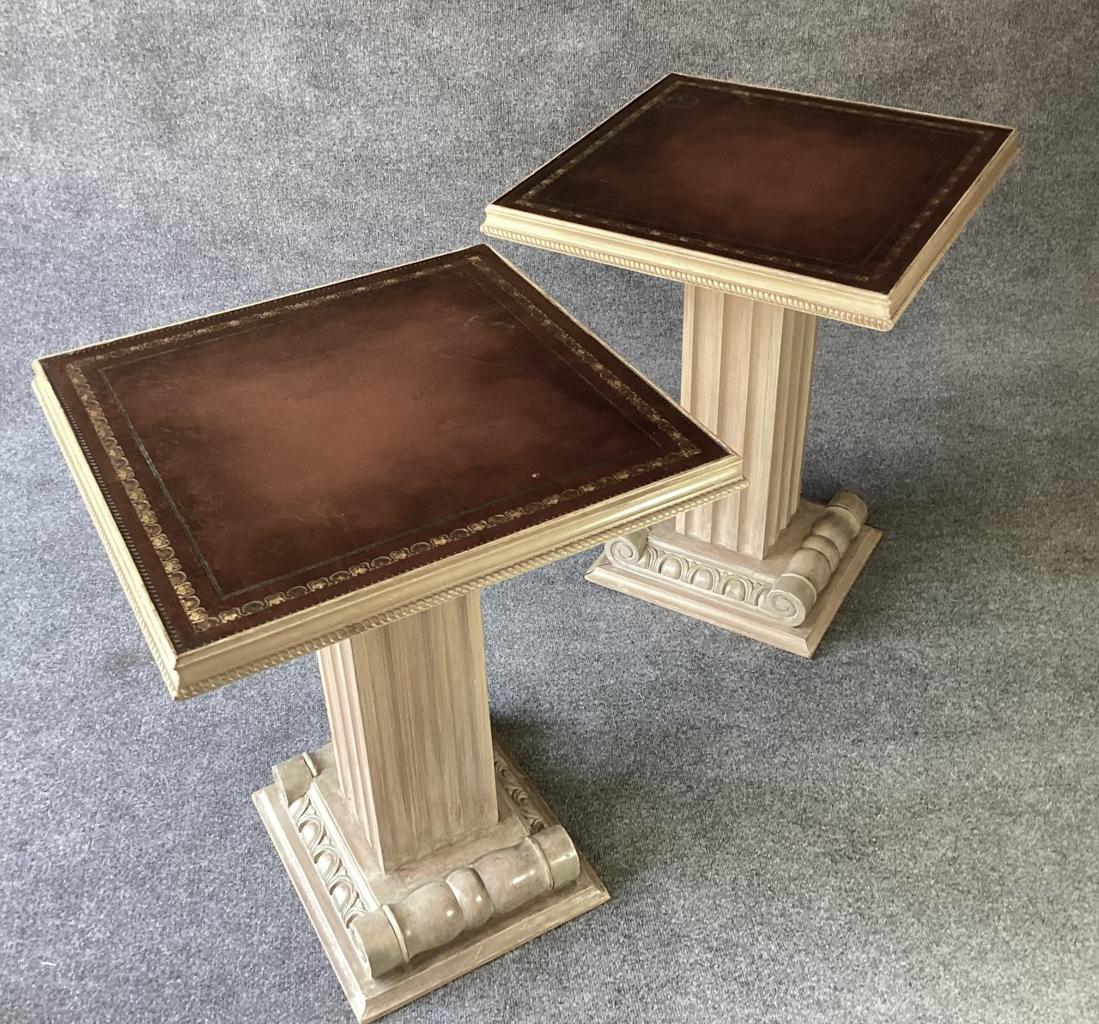 T.H. Robsjohn Gibbings Attribution John Stuart Pair Side End Tables Leather Tops For Sale 4