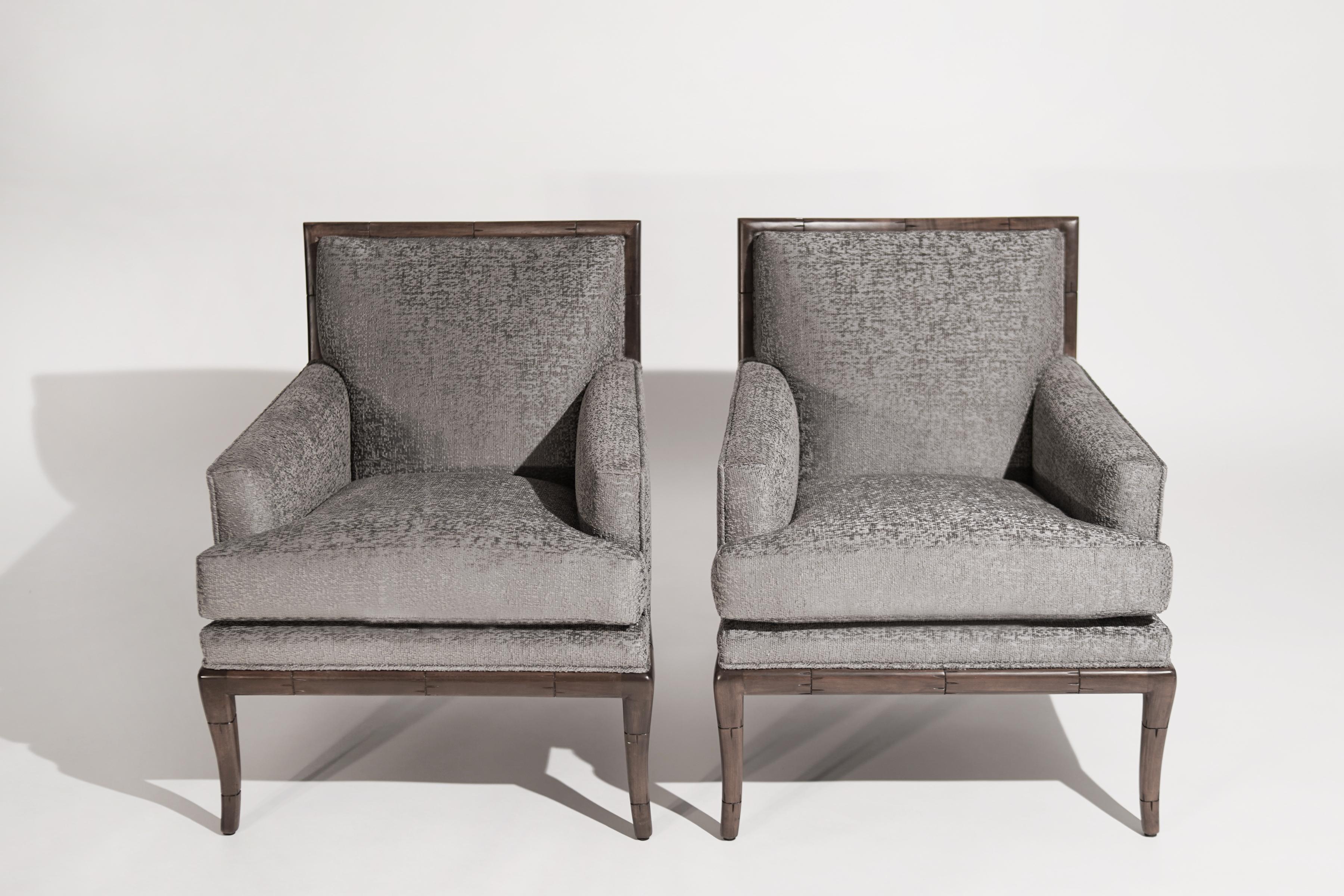 Rare faux bamboo club chairs, designed by T.H. Robsjohn-Gibbings for Widdicomb, circa 1950s. The exposed walnut framework is fully restored, newly upholstered in grey/silver chenille by Holly Hunt.

Other designers of the period include Vladimir