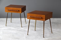 T.H. Robsjohn-Gibbings, Bedside Cabinets, Walnut, Brass, Rattan, Widdicomb 1950s