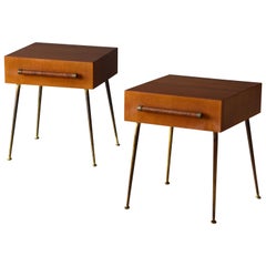 T.H. Robsjohn-Gibbings, Bedside Cabinets, Walnut, Brass, Rattan, Widdicomb 1950s