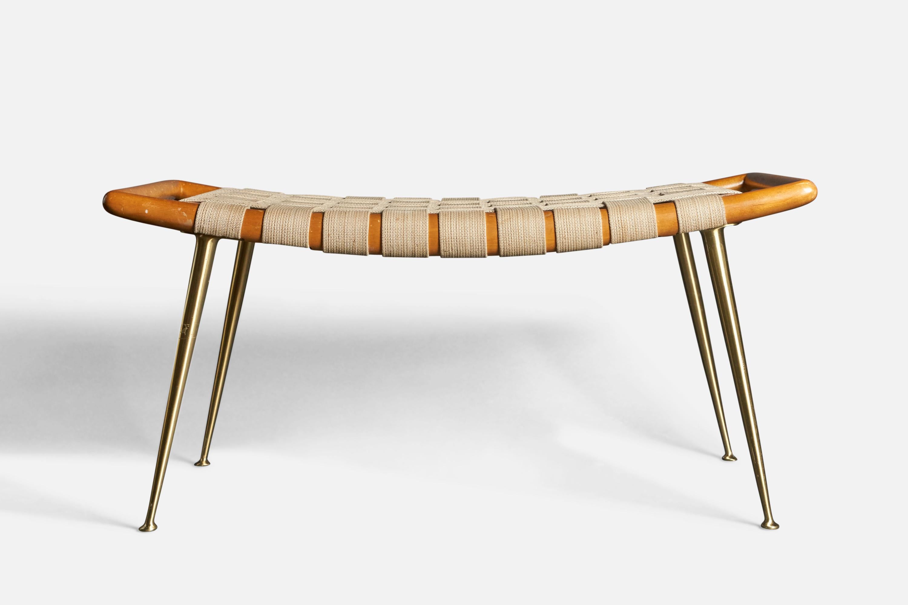 A brass, walnut, and cotton bench or stool, designed by T.H. Robsjohn-Gibbings and produced by Widdicomb, Grand Rapids, Michigan, USA, 1950s.