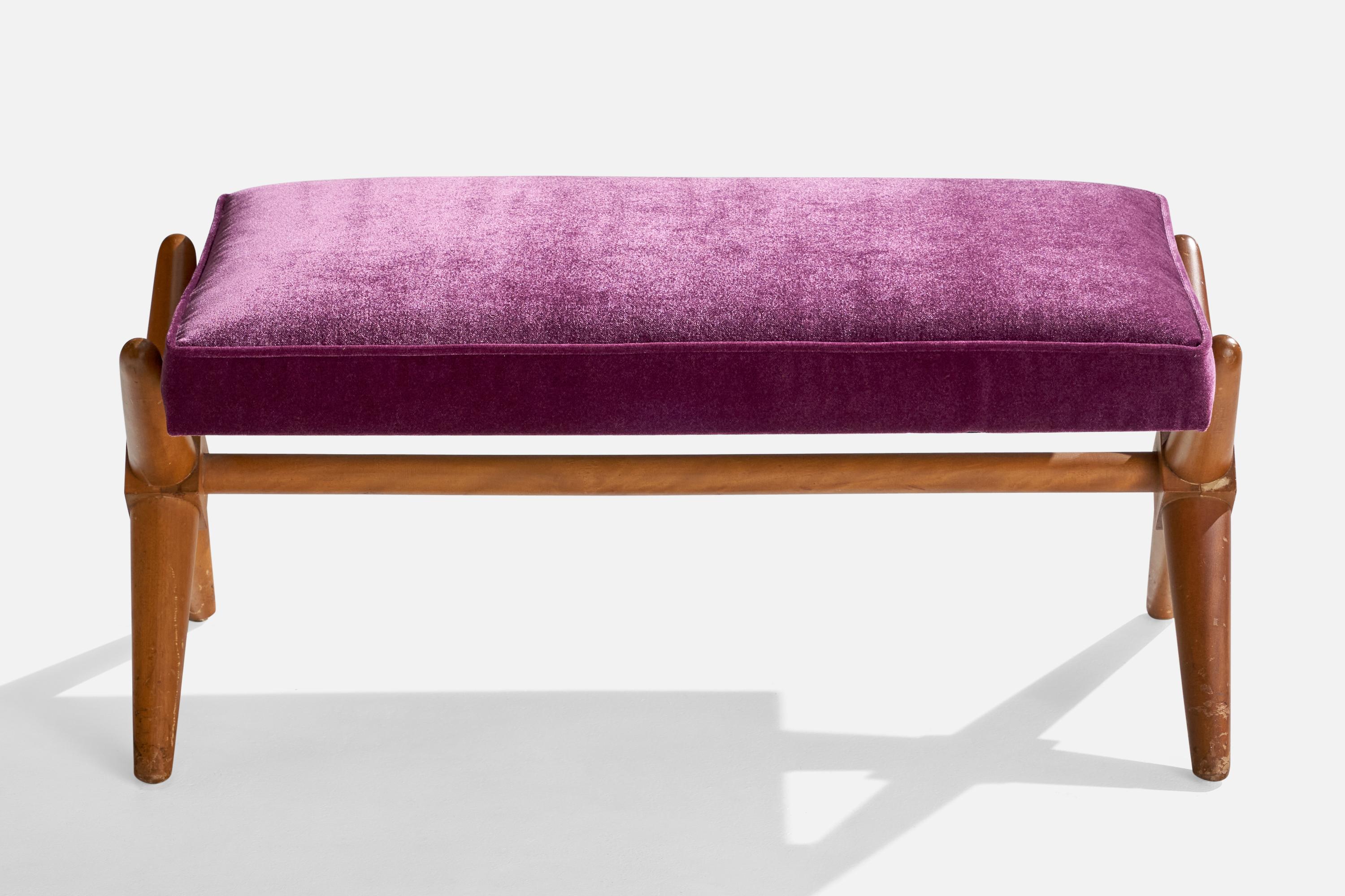 Mid-Century moderno T.H. Robsjohn-Gibbings, Panca, Noce, Velluto, USA, anni '50 in vendita