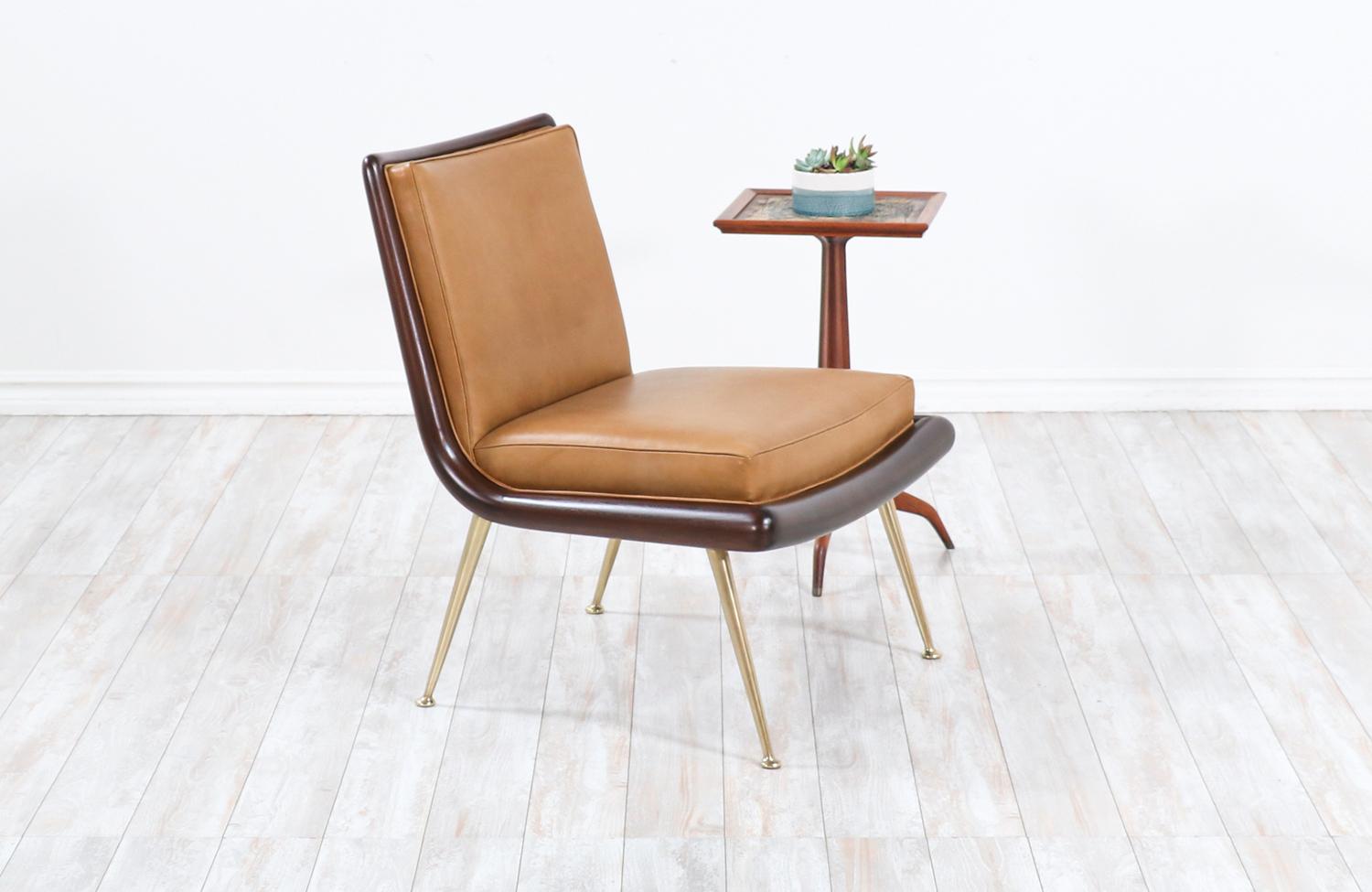 T.H. Robsjohn-Gibbings brass accent lounge chair for Widdicomb.

________________________________________

Transforming a piece of Mid-Century Modern furniture is like bringing history back to life, and we take this journey with passion and
