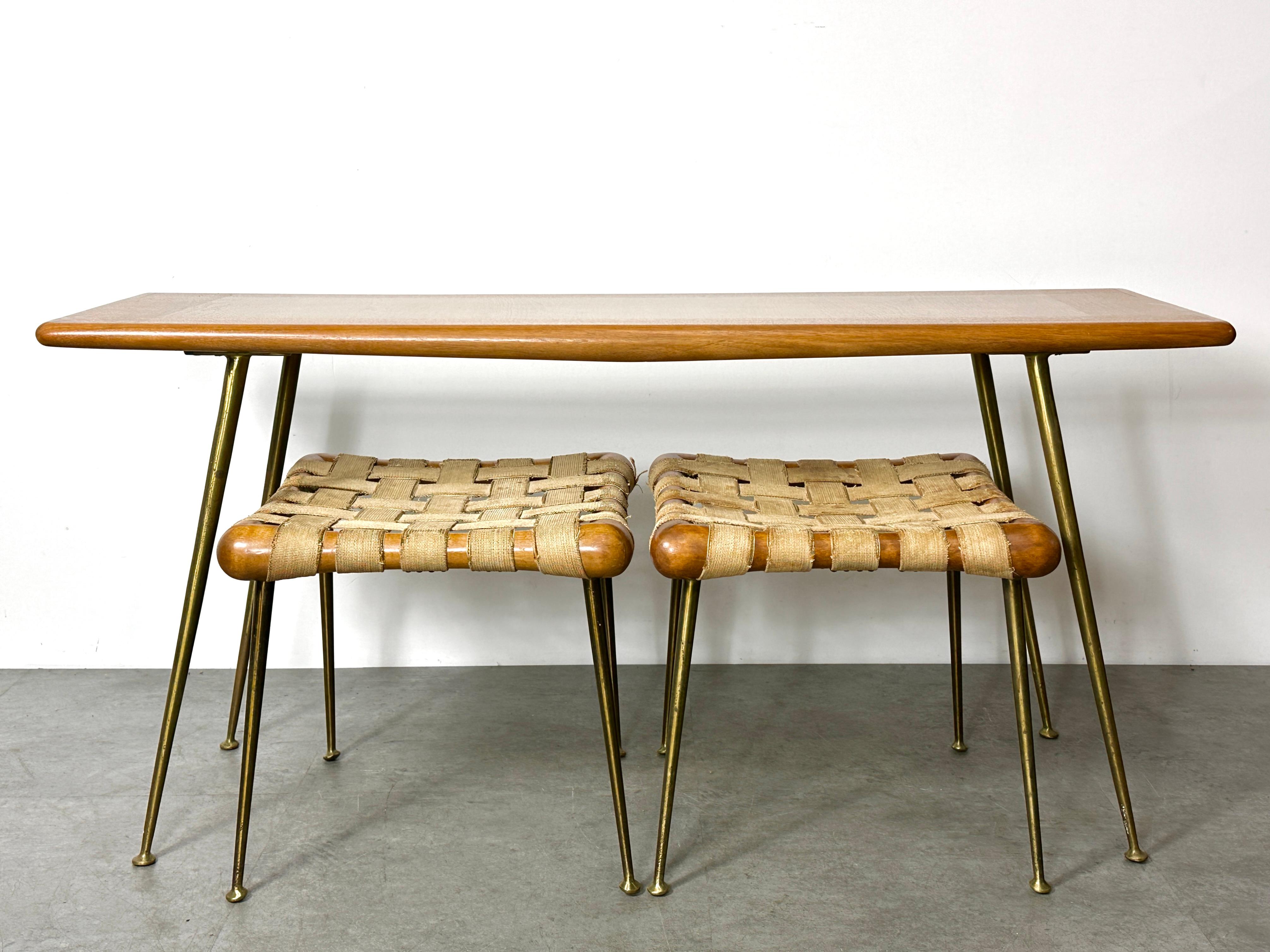 A rare grouping by Terence Herold Robsjohn Gibbings for Widdicomb

Solid brass model 1787 splayed leg console table with complimenting pair of nested model 1730 webbed stools

circa 1953
Original markings to console and fabric tags to