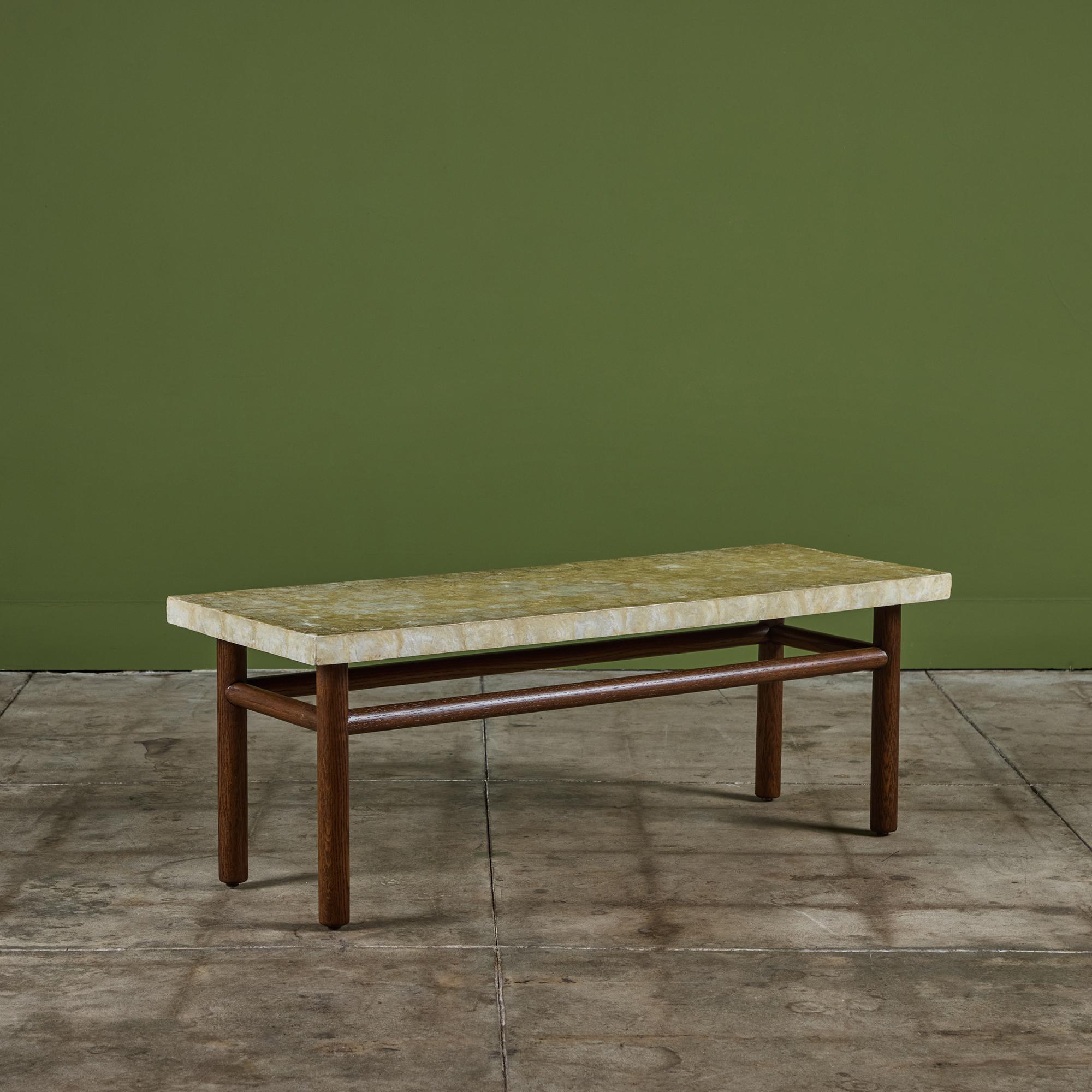 Coffee table by T.H Robsjohn Gibbings, manufactured by Widdicomb c.1950s, USA. This beautiful rectangular table features Capiz table top with a four legged walnut base. Perfect as a coffee table, display table or at the foot of a