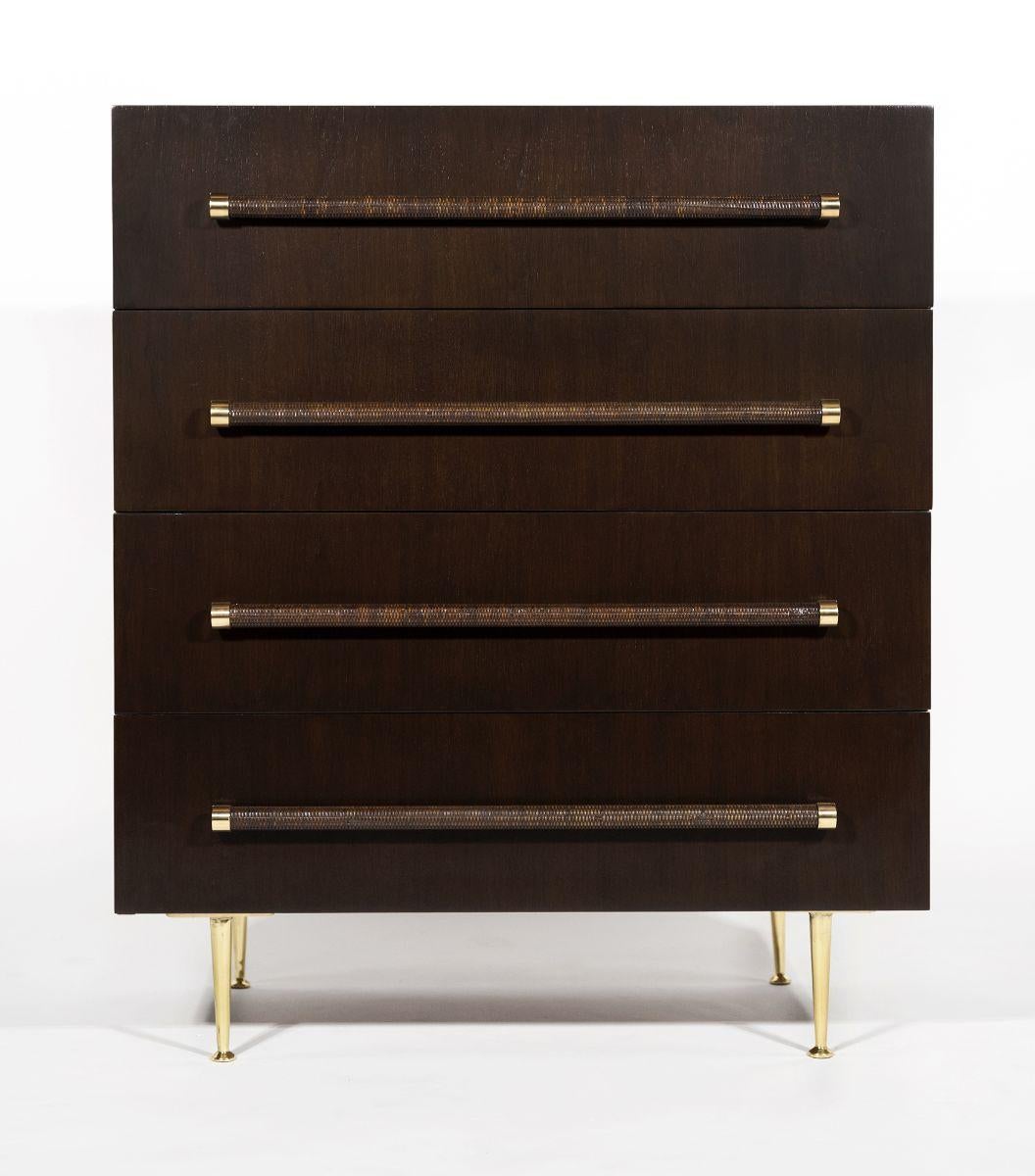 1950s Widdicomb Cabinet designed by TH Robsjohn Gibbings and fully restored in a deep espresso stain with a satin lacquer finish over the original mahogany. All of the solid brass hardware and feet have been polished and re-sealed. The interiors are