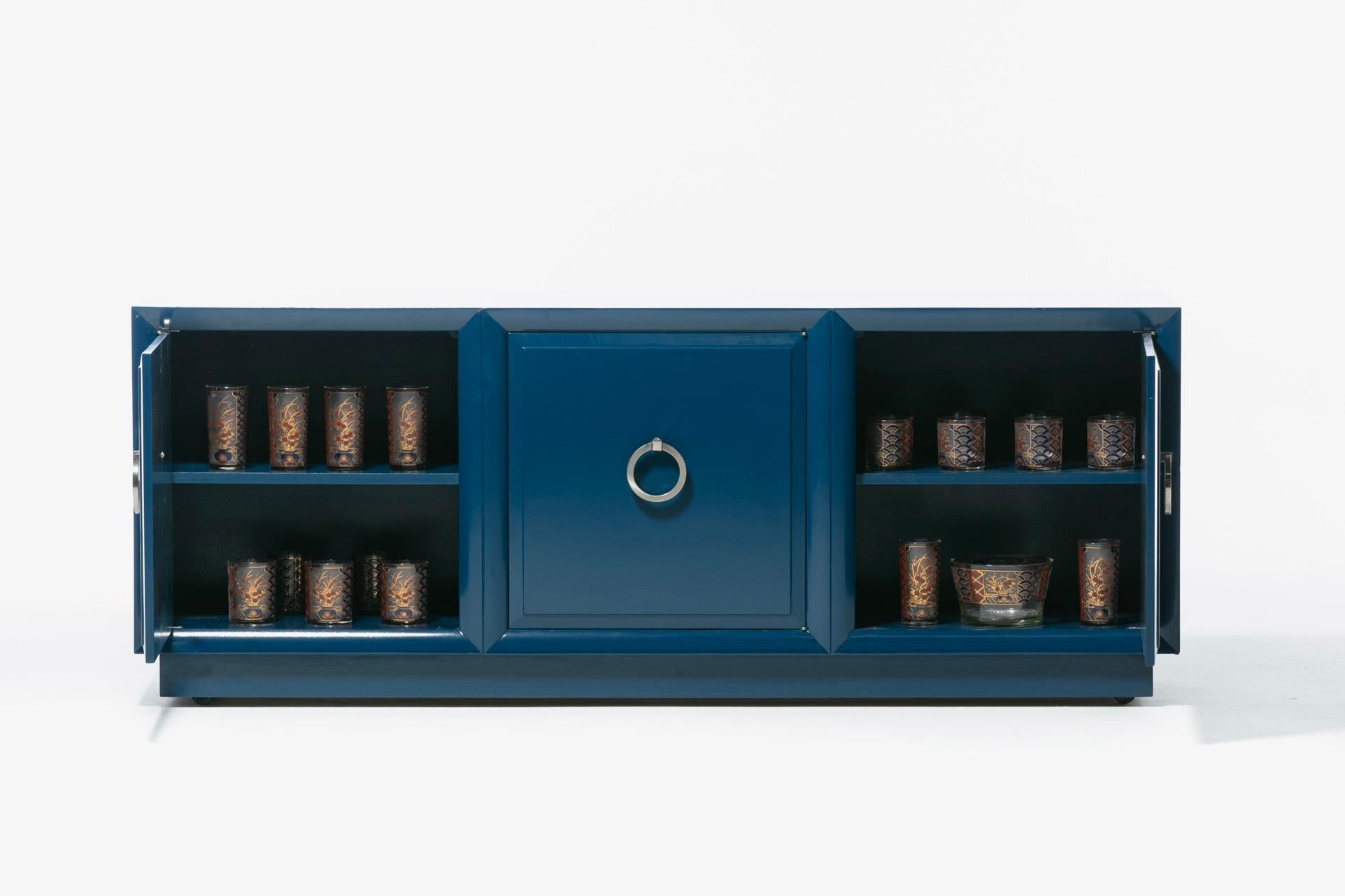 American T.H. Robsjohn Gibbings Credenza for Widdicomb in Blue Lacquer with Nickel Pulls For Sale