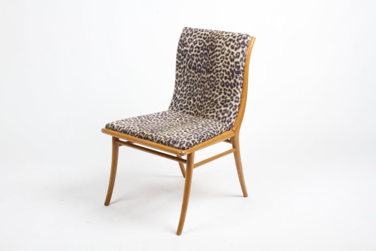 T.H. Robsjohn-Gibbings Curved Back Walnut Dining Chair, Desk Chair Faux Leopard For Sale 4