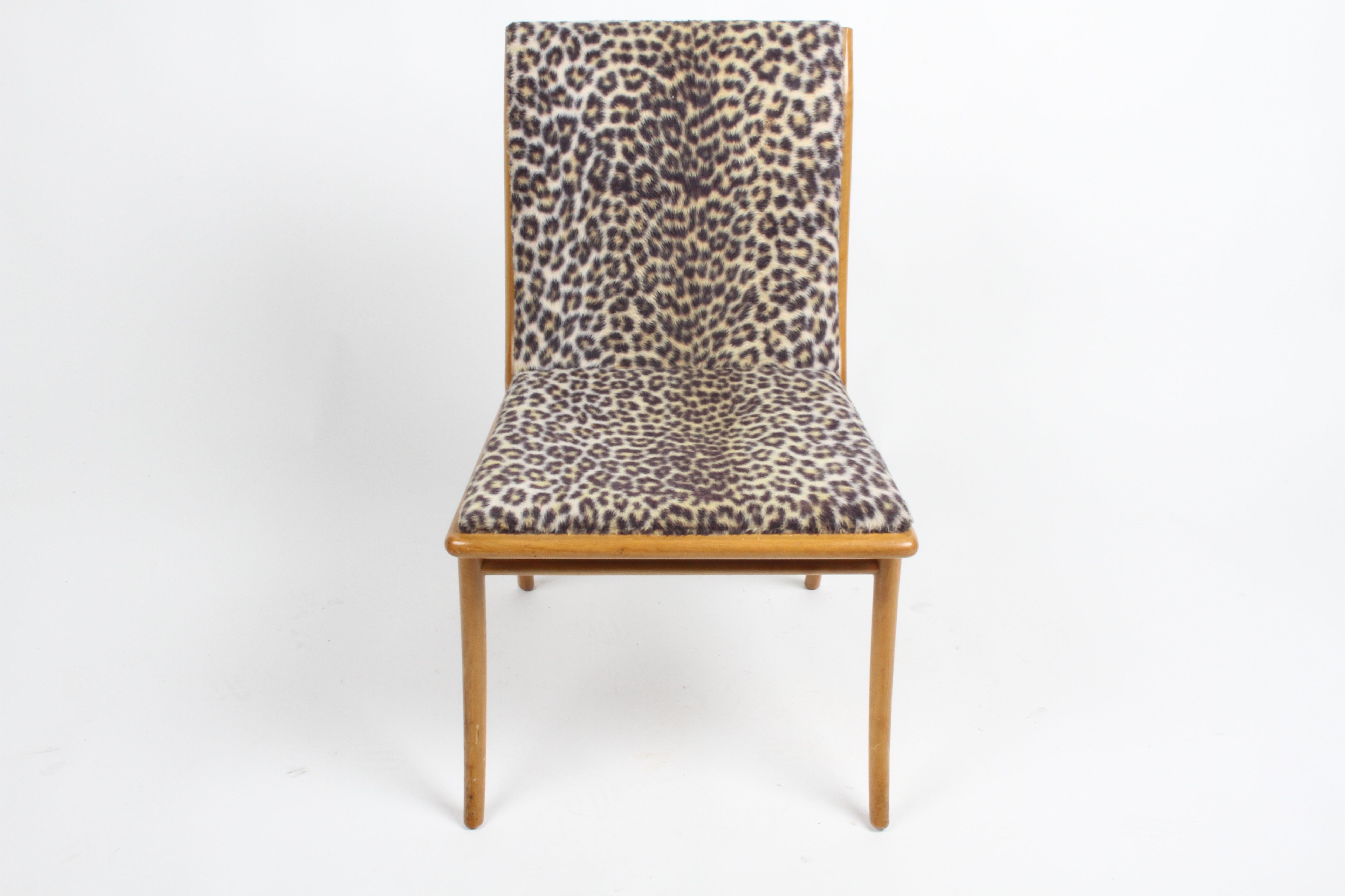 T.H. Robsjohn-Gibbings Curved Back Walnut Dining Chair, Desk Chair Faux Leopard 2