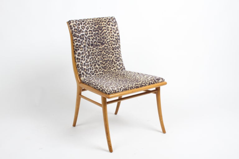 T.H. Robsjohn-Gibbings bleeched walnut frame curved back with slats, dining chair or could be used as a desk chair. Original finish to frame, shows some wear. older faux leopard print upholstery with foam that needs replacement. 

