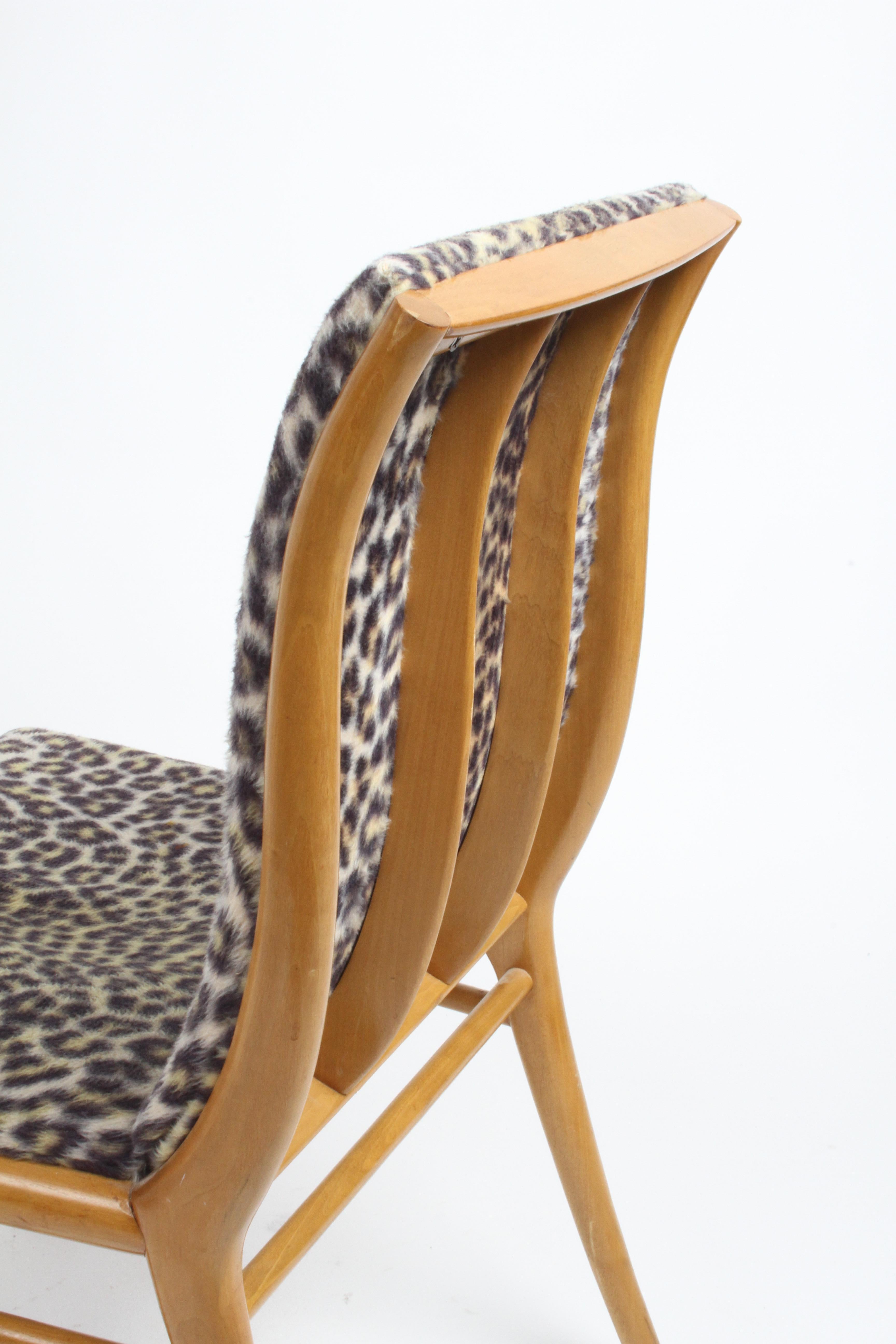 T.H. Robsjohn-Gibbings Curved Back Walnut Dining Chair, Desk Chair Faux Leopard In Good Condition In St. Louis, MO