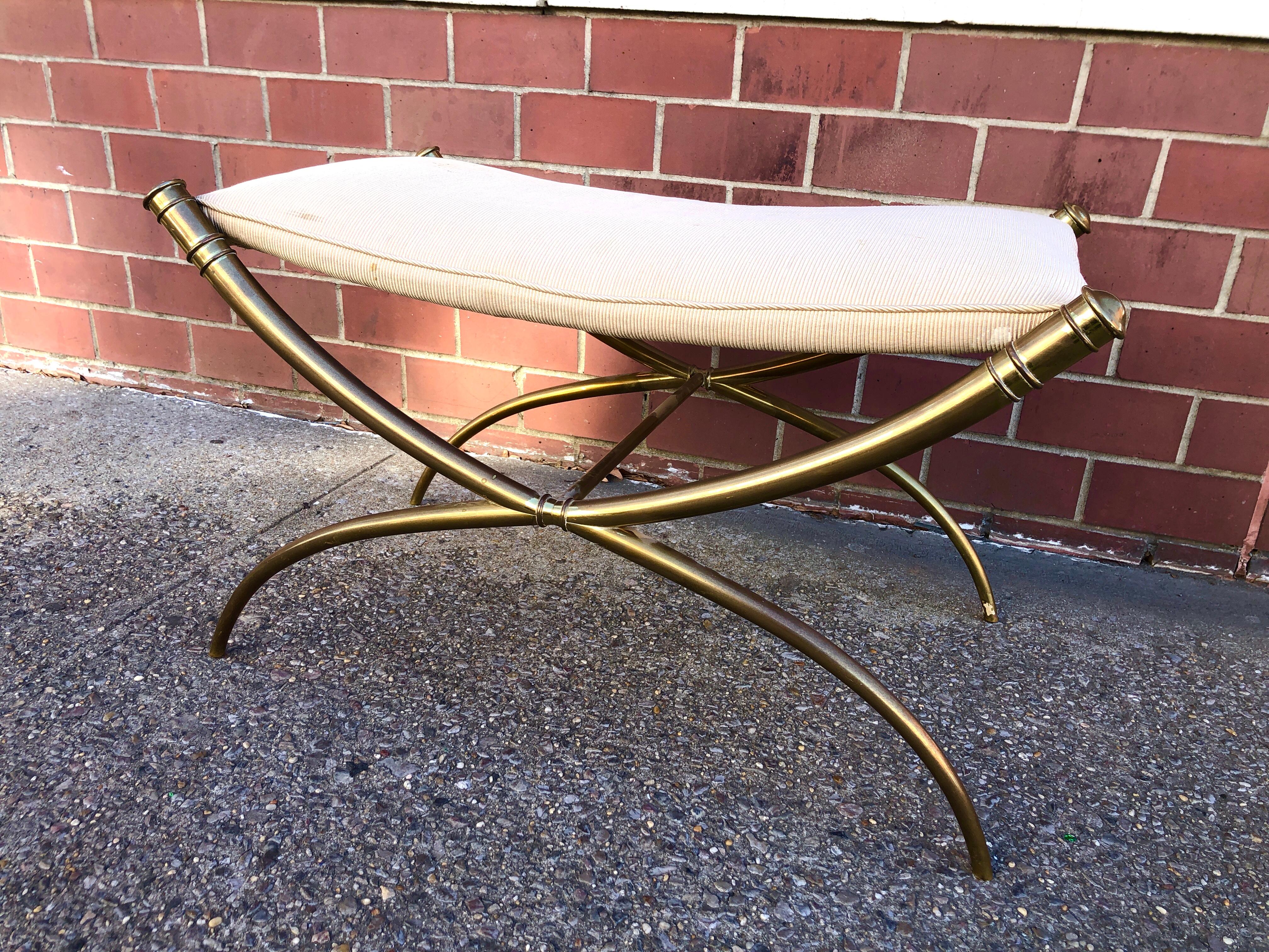 Cast T.H. Robsjohn-Gibbings Custom Brass Curule Bench for the Kandell Residence For Sale