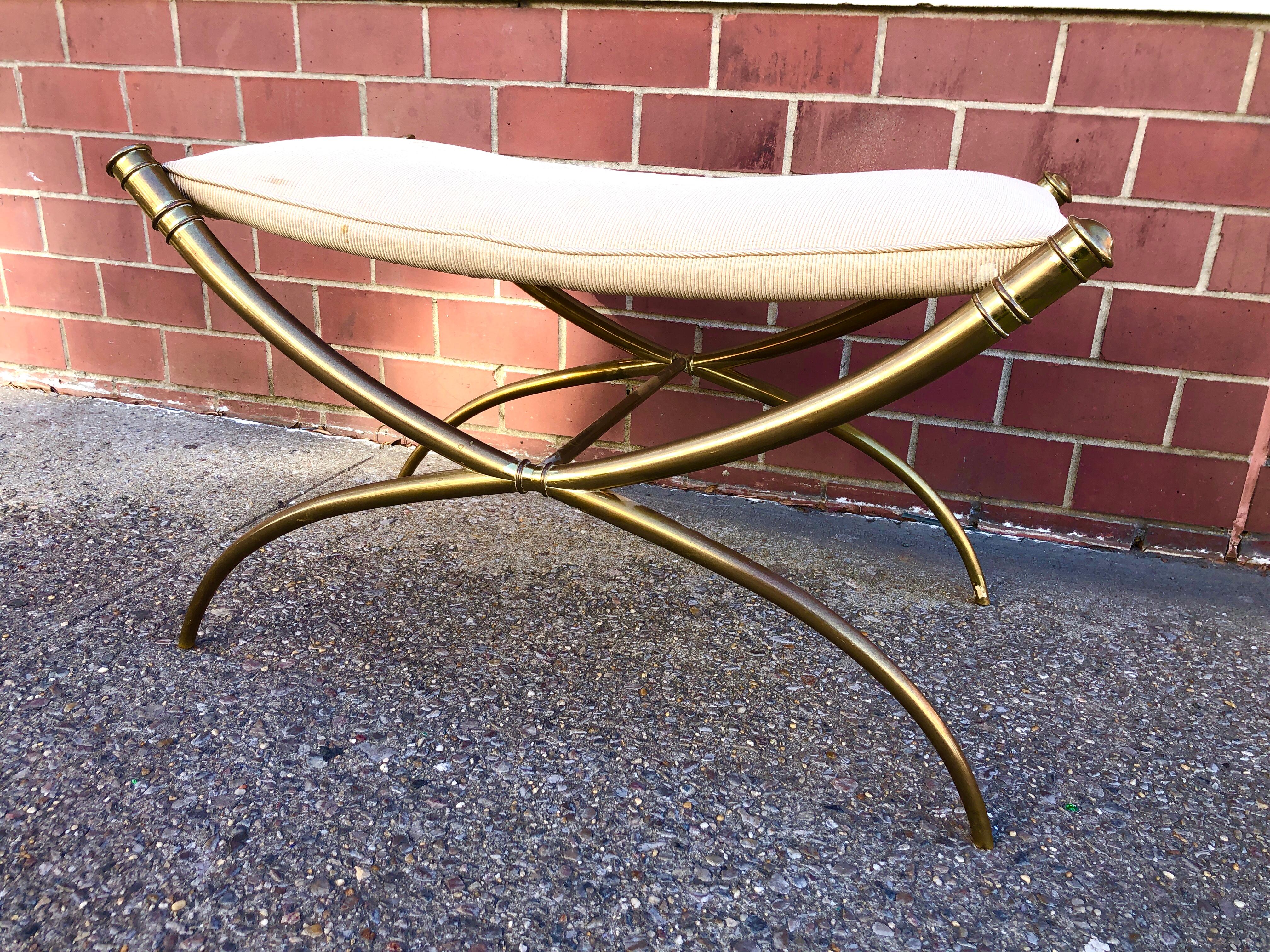 T.H. Robsjohn-Gibbings Custom Brass Curule Bench for the Kandell Residence In Good Condition For Sale In Brooklyn, NY