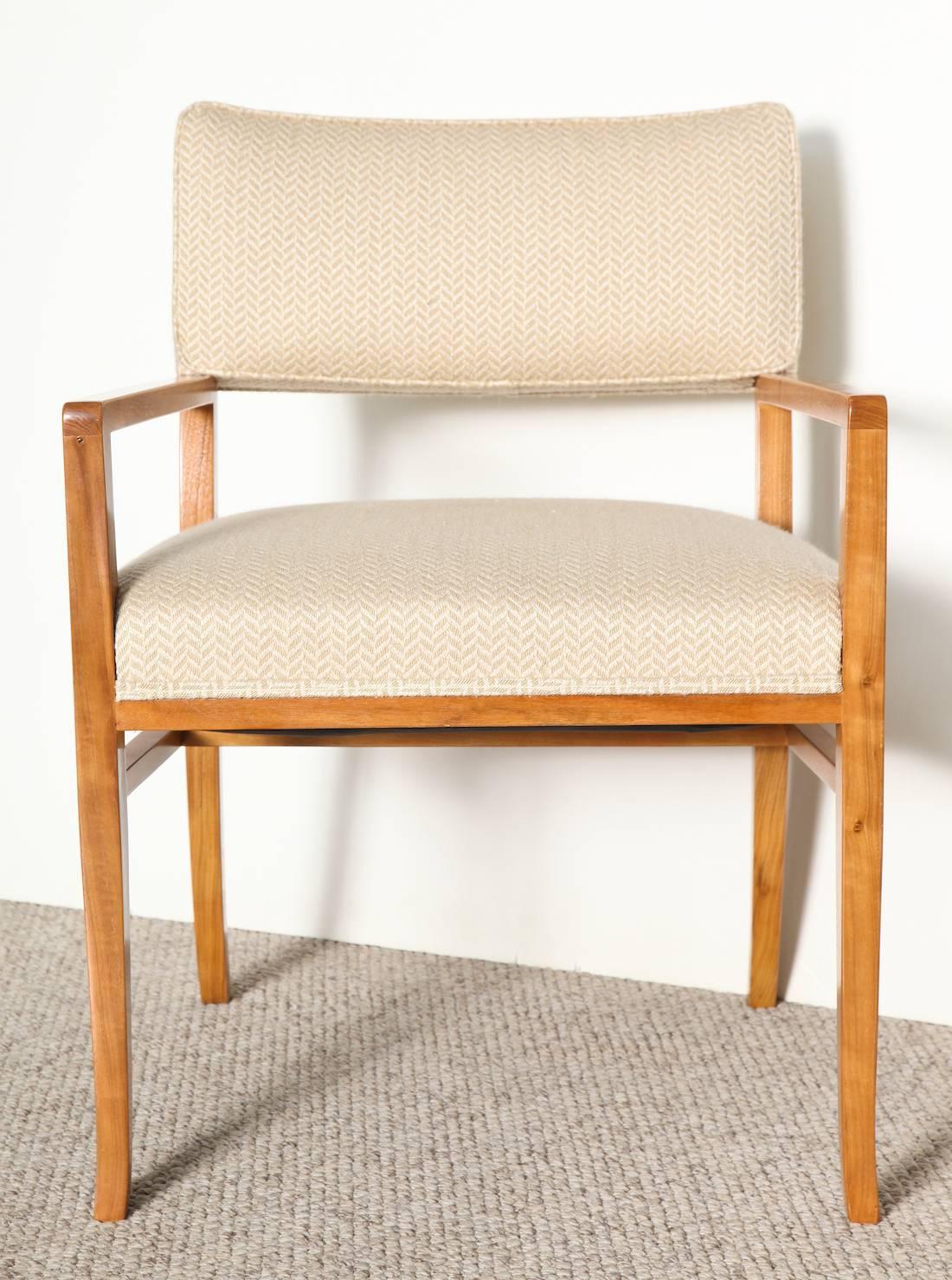 Rare set of two custom designed armchairs by T. H. Robsjohn-Gibbings. These chairs with upholstered seats and backs, frame in bleached walnut with curved back legs. This form predates Gibbings' collaboration with Widdicomb and shows up in his custom