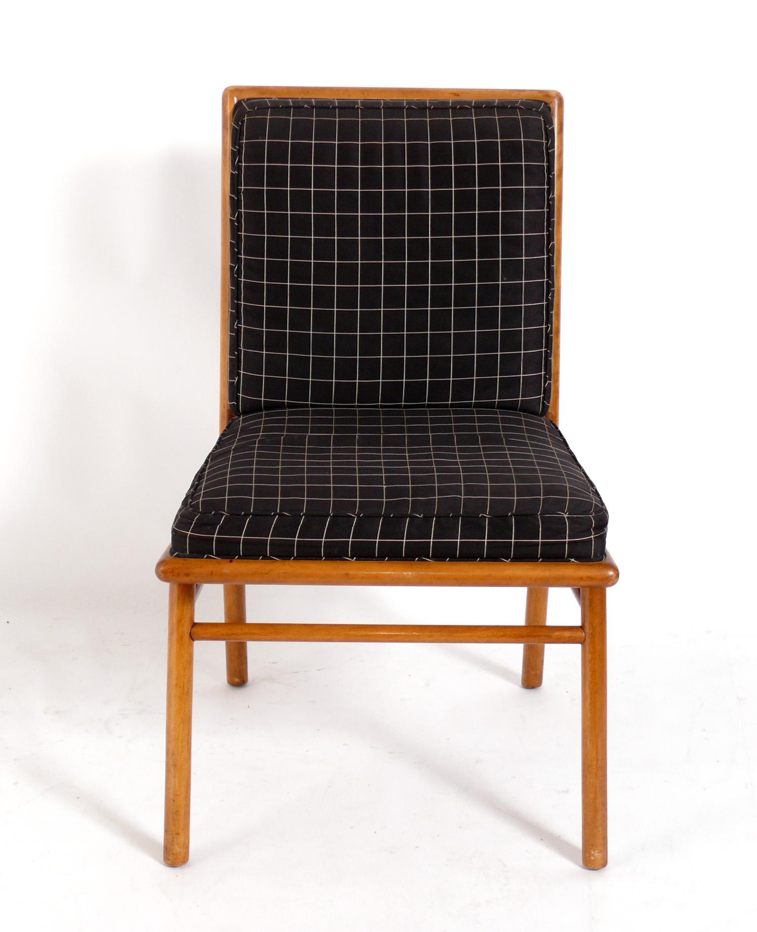 Set of Four Clean Lined Mid Century Dining Chairs, designed by T.H. Robsjohn Gibbings for Widdicomb, American, circa 1950s. These dining chairs are currently being refinished and reupholstered and can be completed in your choice of wood finish color