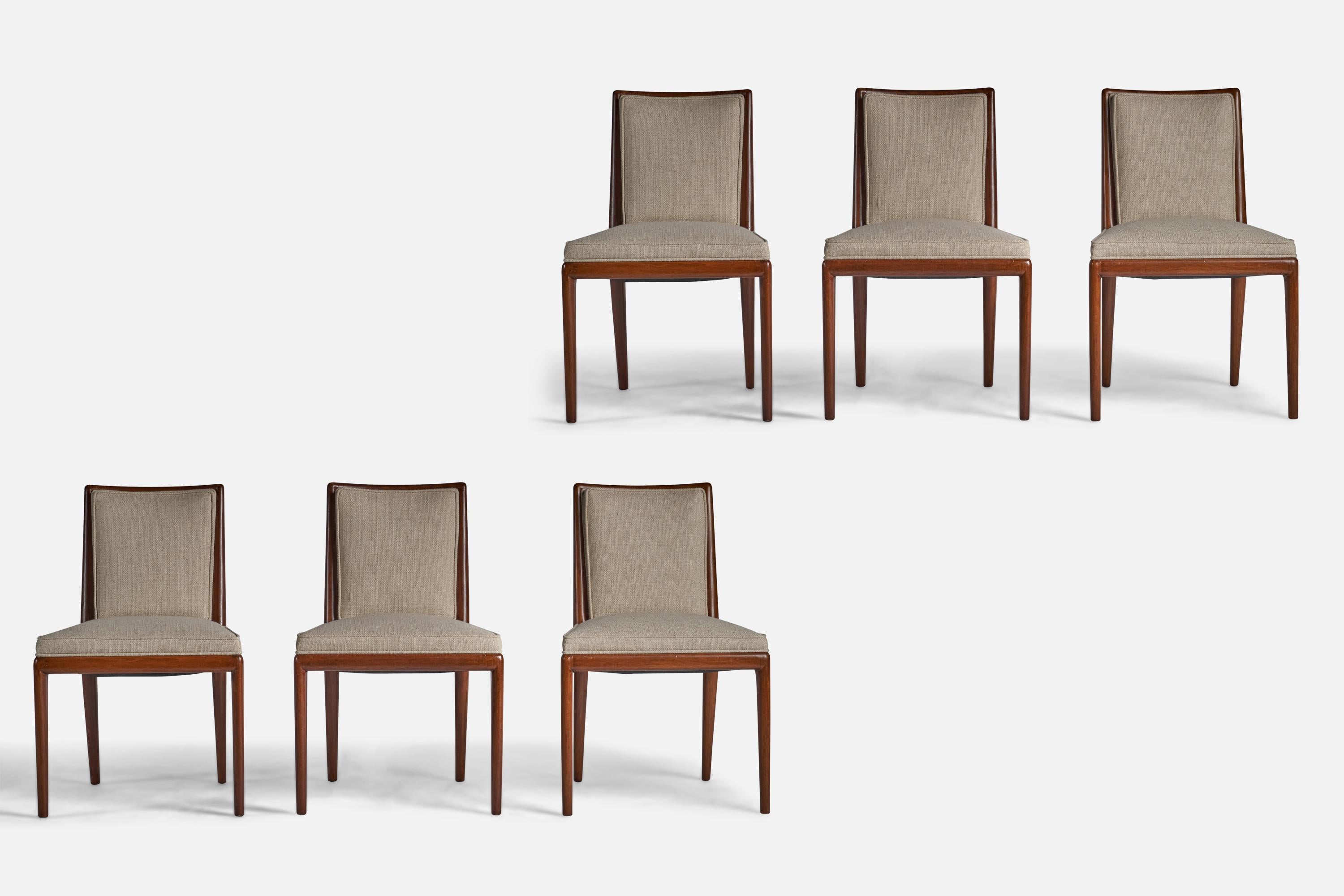 A set of 6 walnut and off-white fabric dining or side chairs designed by T.H. Robsjohn-Gibbings and produced by Widdicomb, Grand Rapids, Michigan, 1950s. 
18.5