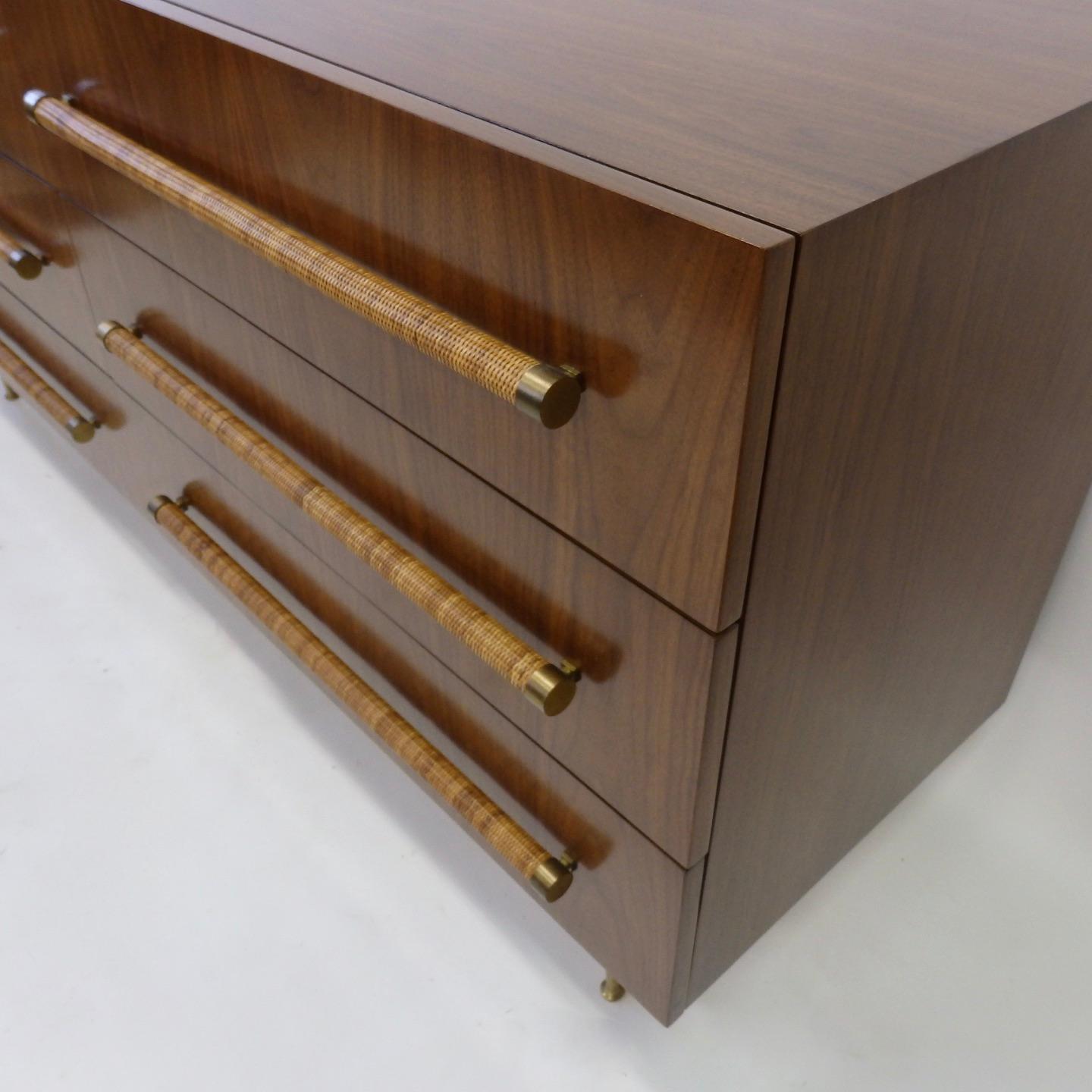TH Robsjohn Gibbings Double Dresser with Raffia Wrapped Pulls and Brass Legs 4