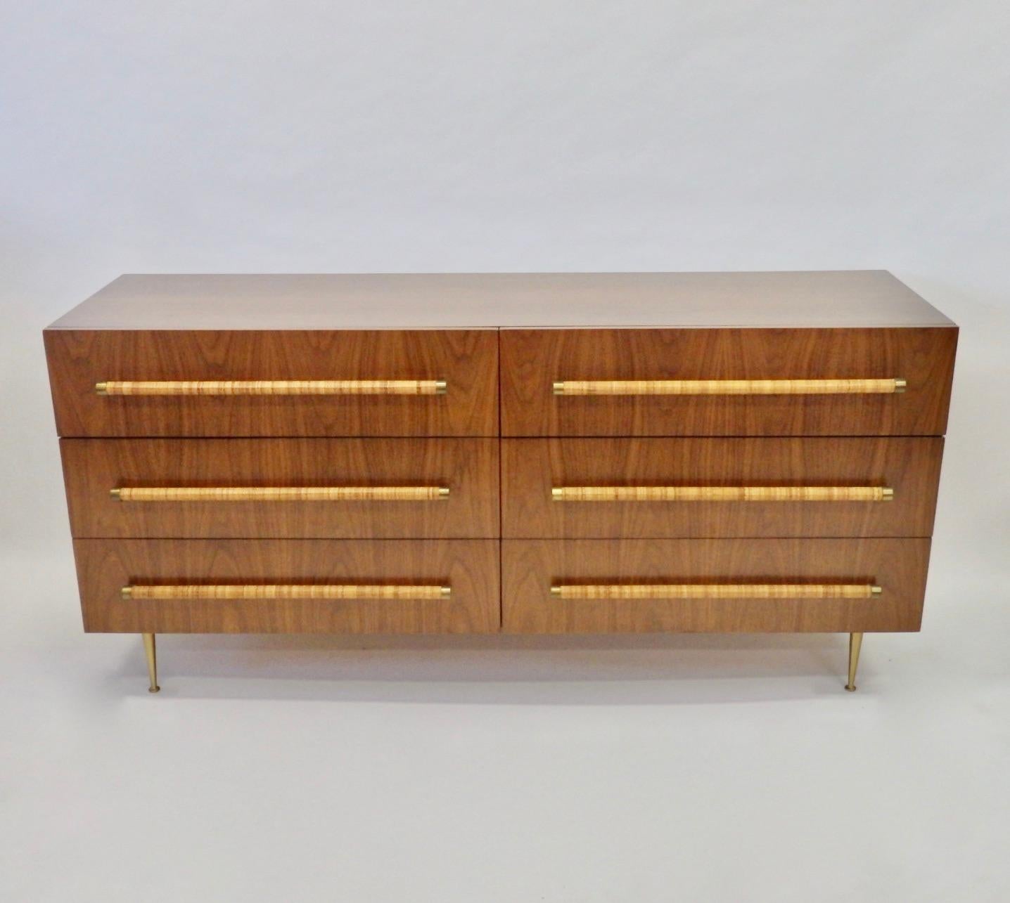 Robsjohn Gibbings for Widdicomb walnut double dresser with raffia wrapped pulls and conical brass legs. Beautifully refinished.