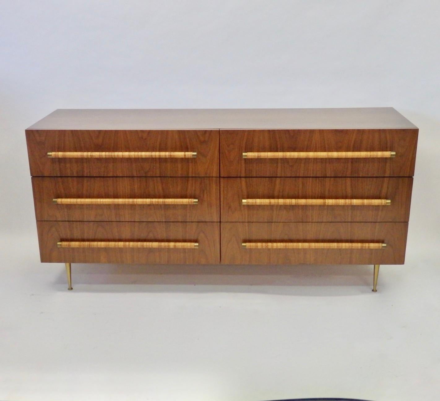 20th Century TH Robsjohn Gibbings Double Dresser with Raffia Wrapped Pulls and Brass Legs