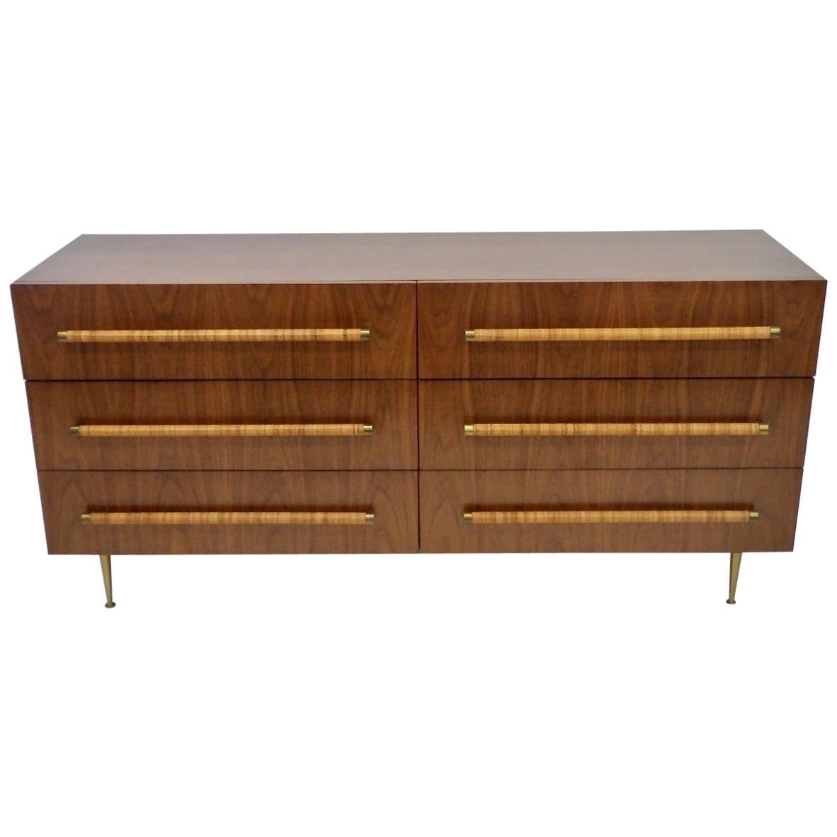 TH Robsjohn Gibbings Double Dresser with Raffia Wrapped Pulls and Brass Legs