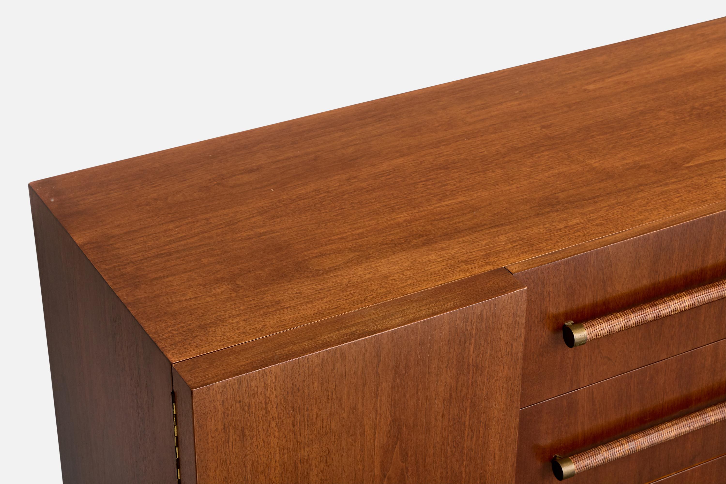 T.H. Robsjohn-Gibbings, commode, noyer, laiton, rotin, États-Unis, années 1950 en vente 3