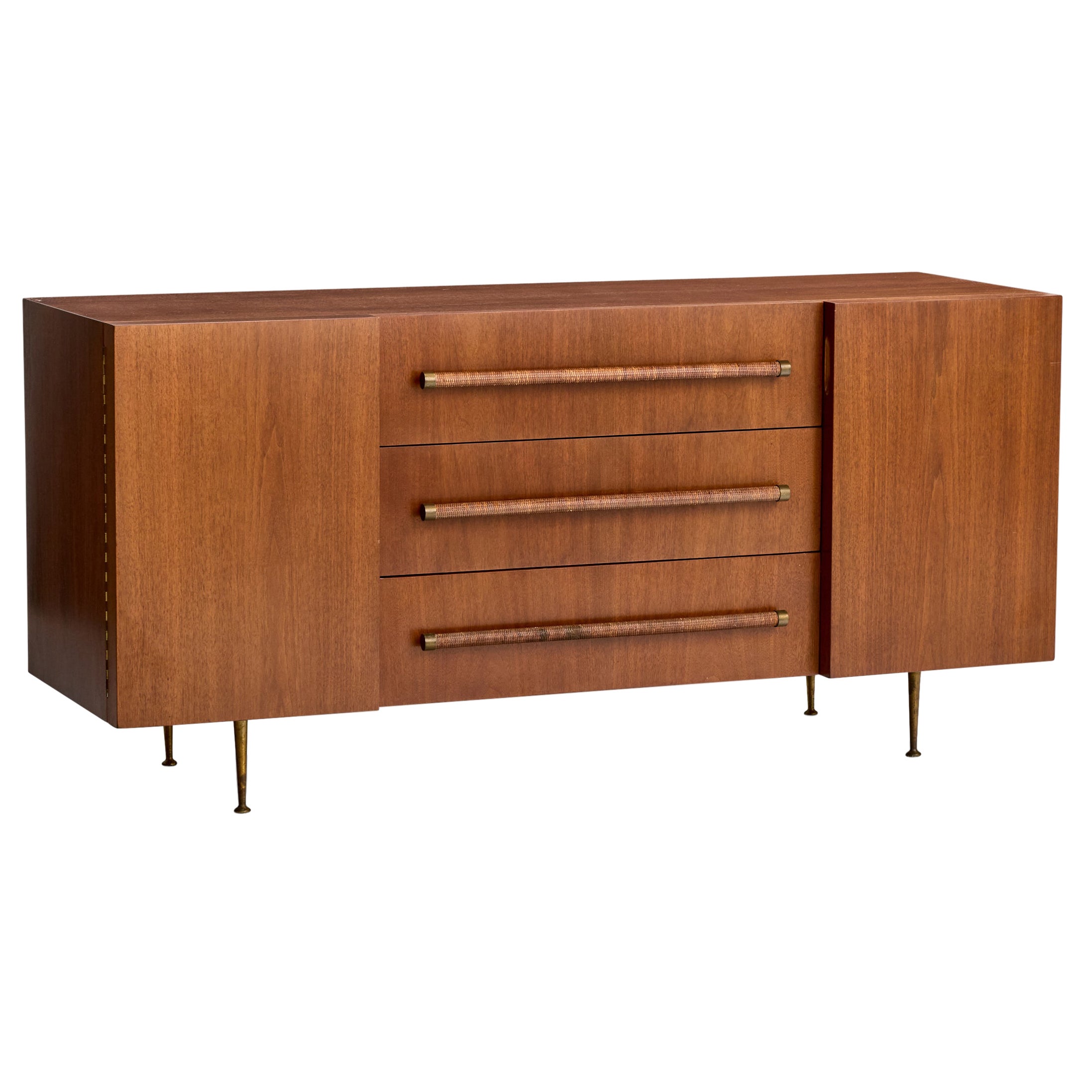 T.H. Robsjohn-Gibbings, commode, noyer, laiton, rotin, États-Unis, années 1950
