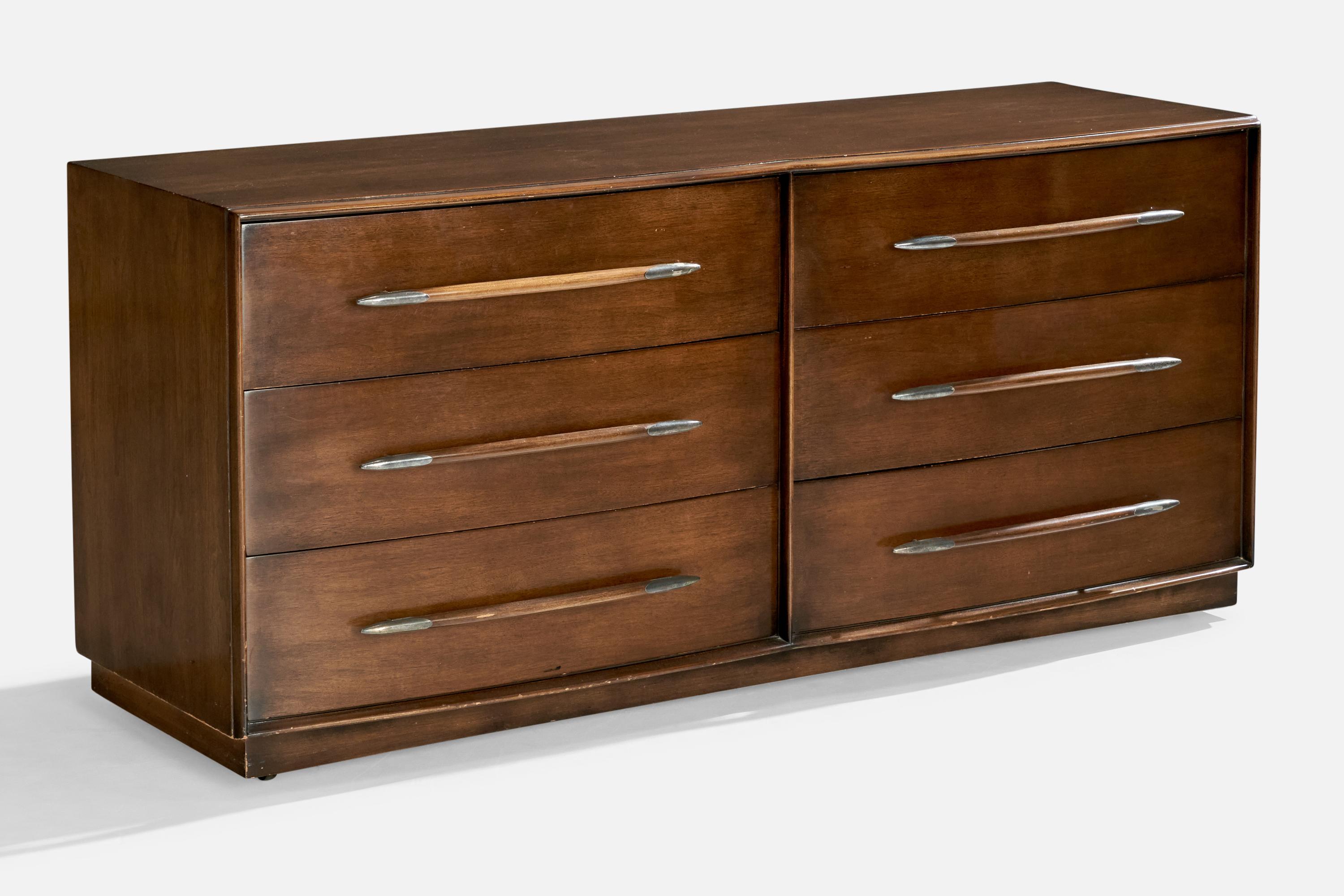 A brass and walnut dresser designed by T.H. Robsjohn-Gibbings and produced by Widdicomb, Grand Rapids, Michigan, USA, c. 1950s.