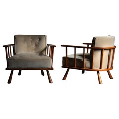 Retro T.H. Robsjohn Gibbings Early Walnut and Velvet Lounge Chairs for Widdicomb, 1951