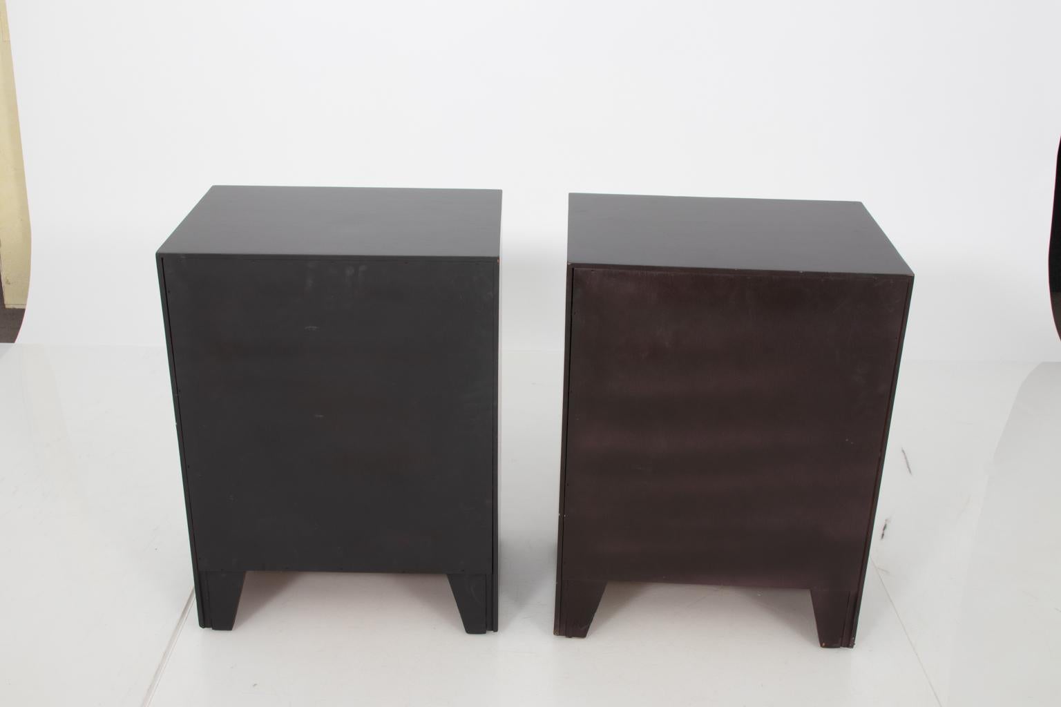 Black lacquered three draw end tables by T.H. Robsjohn Gibbings, circa 1940s.
 