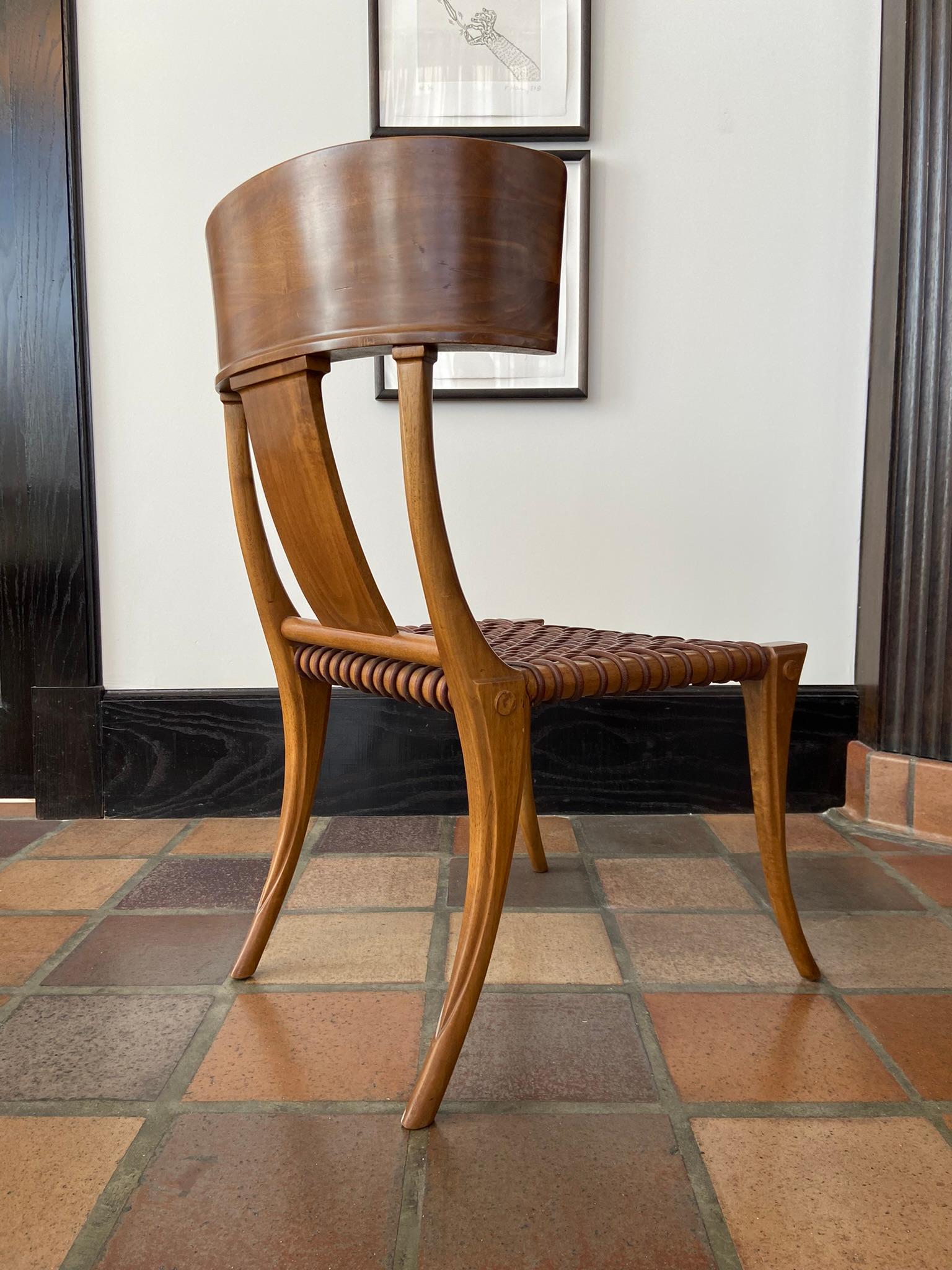 T.H. Robsjohn-Gibbings for Saridis Klismos Chairs in Walnut with Leather Thongs For Sale 4