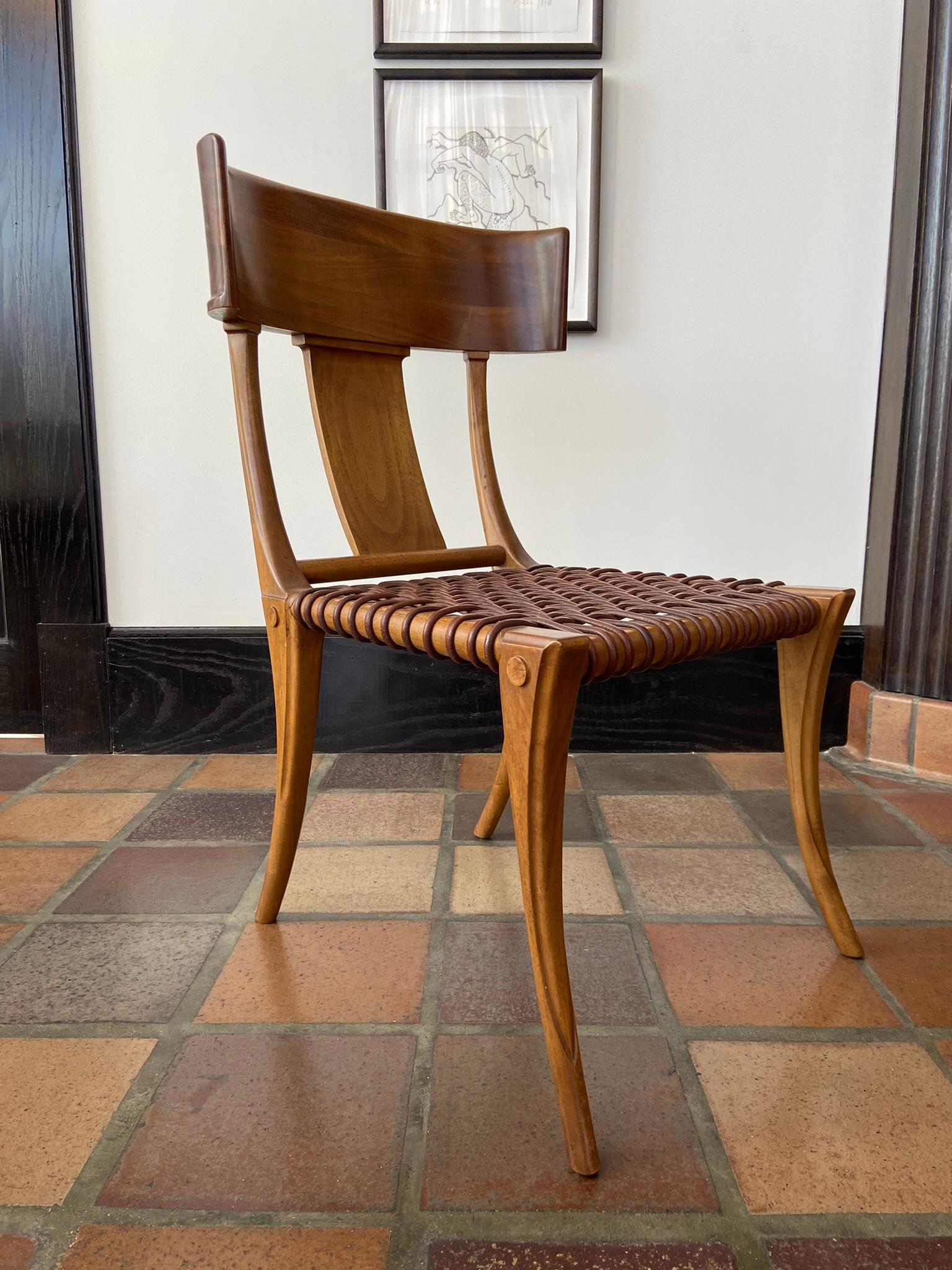 T.H. Robsjohn-Gibbings for Saridis Klismos Chairs in Walnut with Leather Thongs For Sale 5