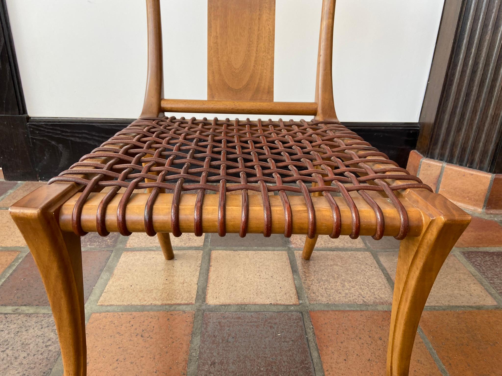 T.H. Robsjohn-Gibbings for Saridis Klismos Chairs in Walnut with Leather Thongs For Sale 9