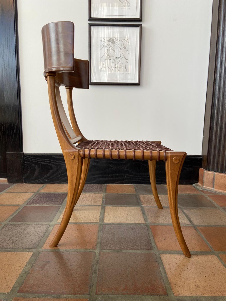 Mid-Century Modern T.H. Robsjohn-Gibbings for Saridis Klismos Chairs in Walnut with Leather Thongs For Sale
