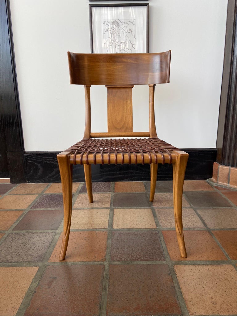 Greek T.H. Robsjohn-Gibbings for Saridis Klismos Chairs in Walnut with Leather Thongs For Sale