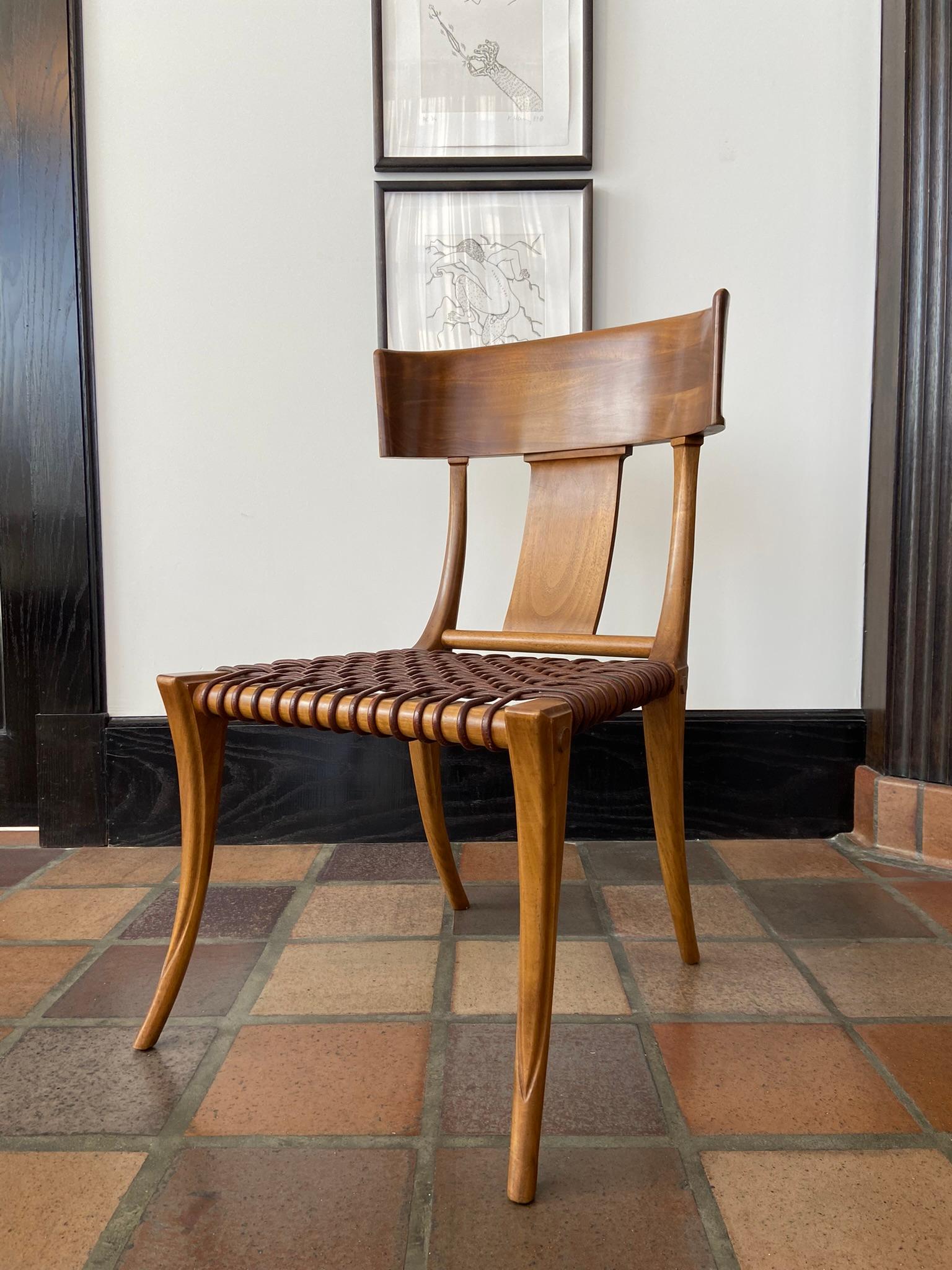 T.H. Robsjohn-Gibbings for Saridis Klismos Chairs in Walnut with Leather Thongs In Good Condition For Sale In St. Louis, MO