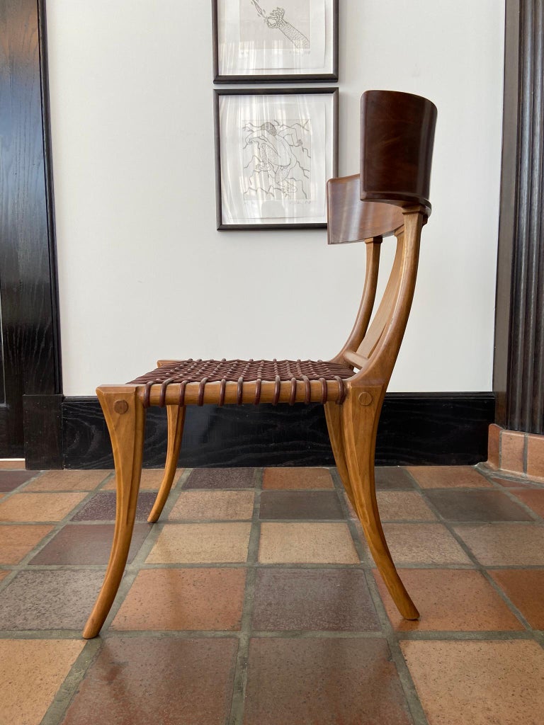 Mid-20th Century T.H. Robsjohn-Gibbings for Saridis Klismos Chairs in Walnut with Leather Thongs For Sale
