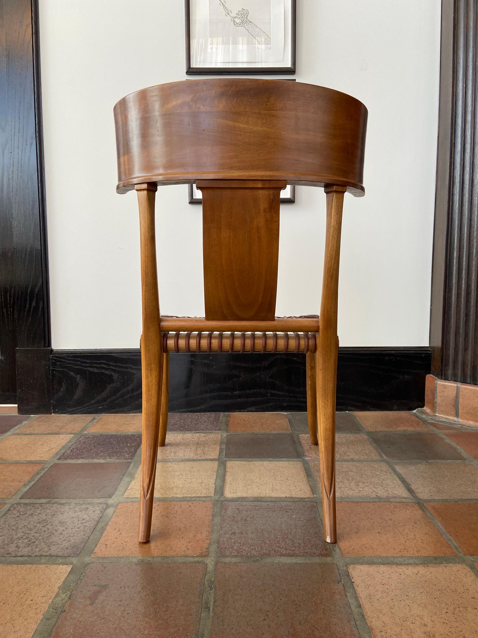 T.H. Robsjohn-Gibbings for Saridis Klismos Chairs in Walnut with Leather Thongs For Sale 2