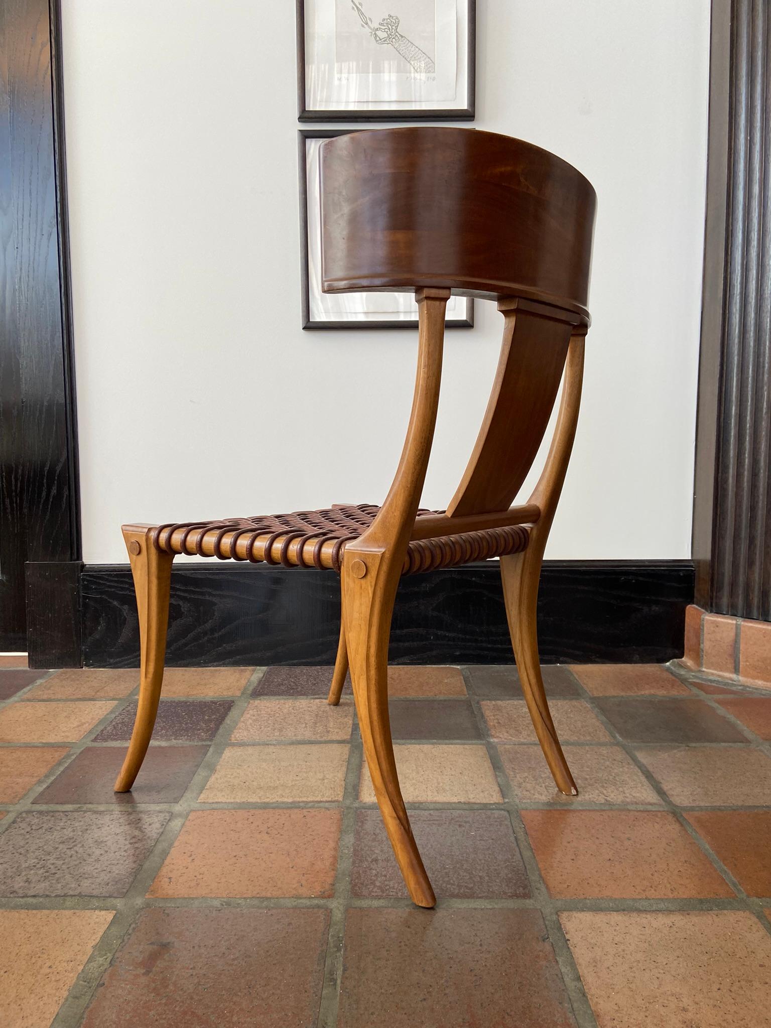 T.H. Robsjohn-Gibbings for Saridis Klismos Chairs in Walnut with Leather Thongs For Sale 3
