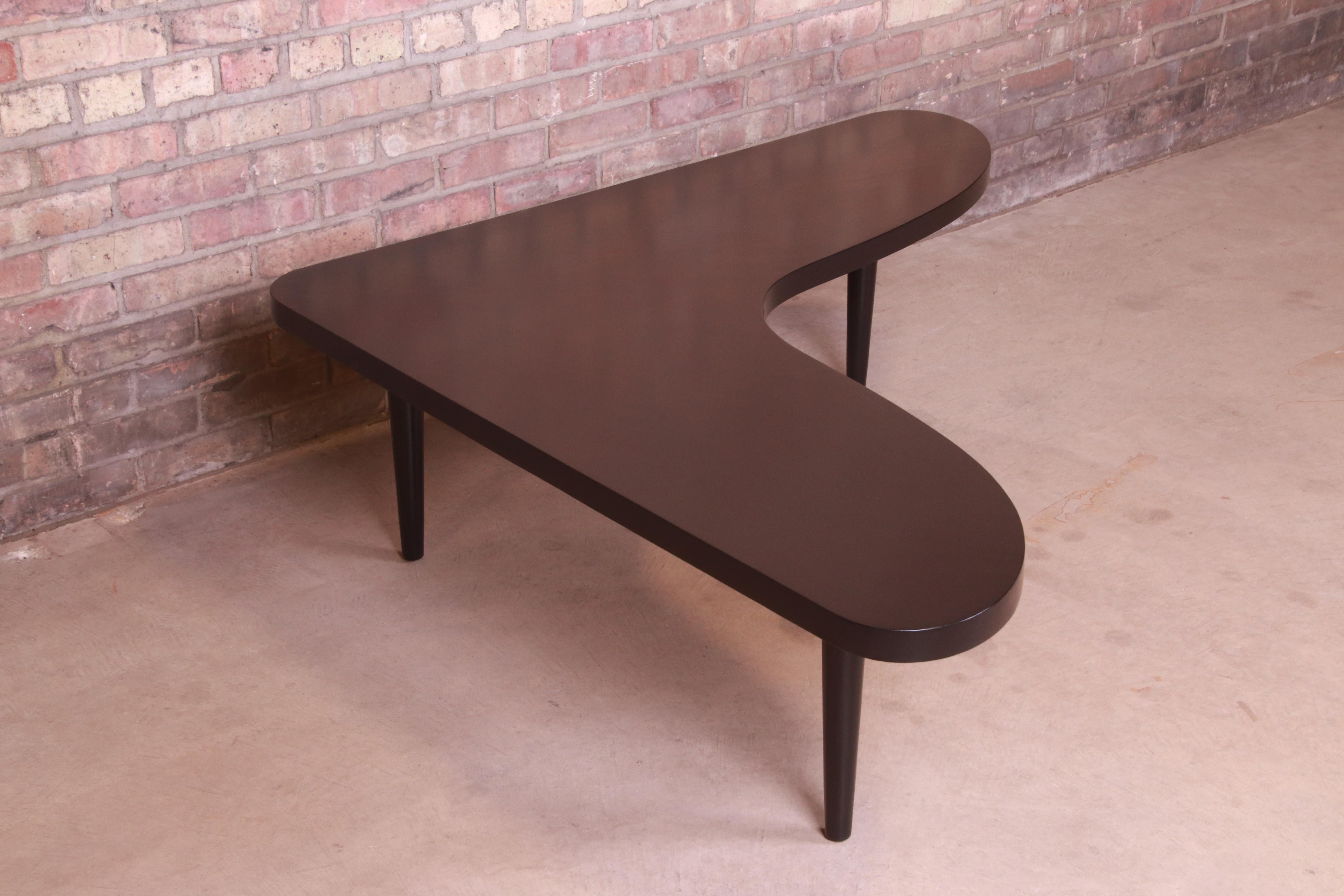 Walnut T.H. Robsjohn-Gibbings for Widdicomb Black Lacquered Boomerang Coffee Table For Sale