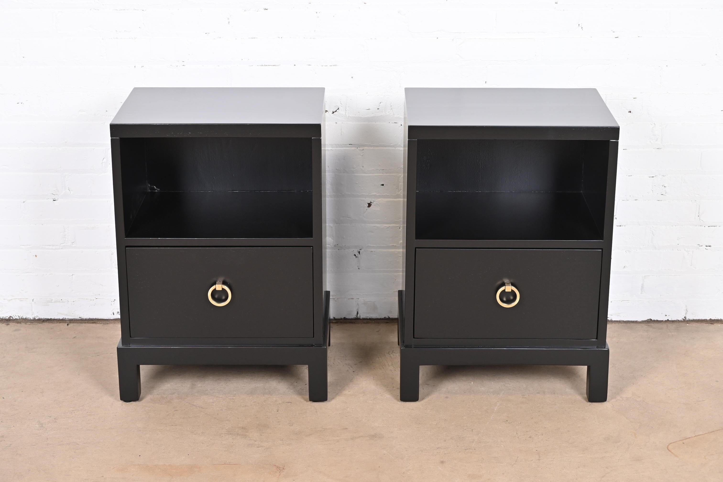 American T.H. Robsjohn-Gibbings for Widdicomb Black Lacquered Nightstands, Refinished