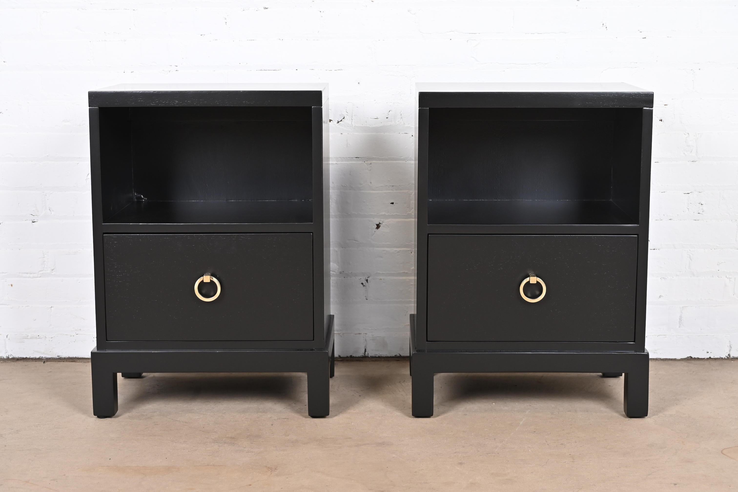 T.H. Robsjohn-Gibbings for Widdicomb Black Lacquered Nightstands, Refinished In Good Condition In South Bend, IN