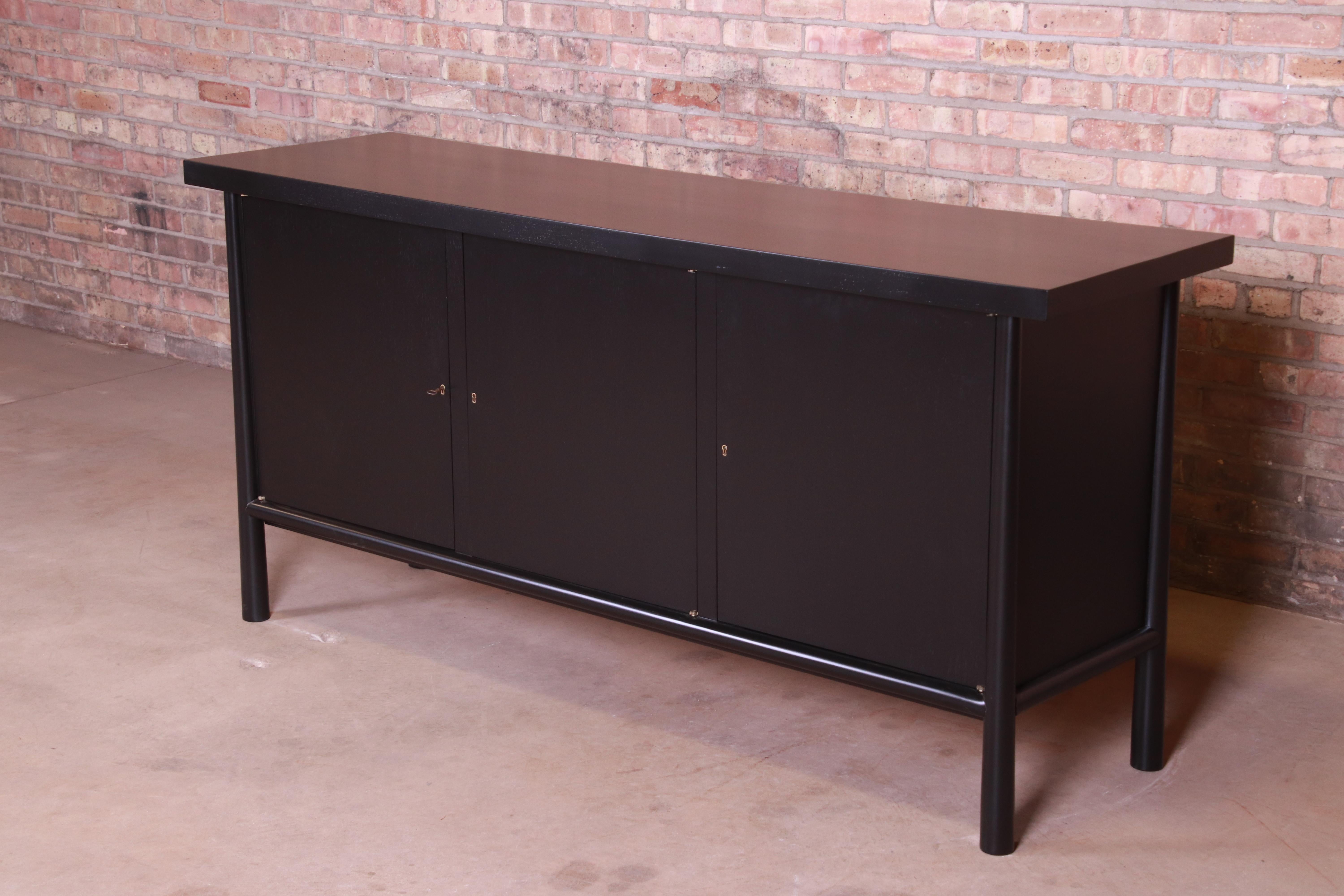 T.H. Robsjohn-Gibbings for Widdicomb Black Lacquered Sideboard, Newly Refinished In Good Condition In South Bend, IN