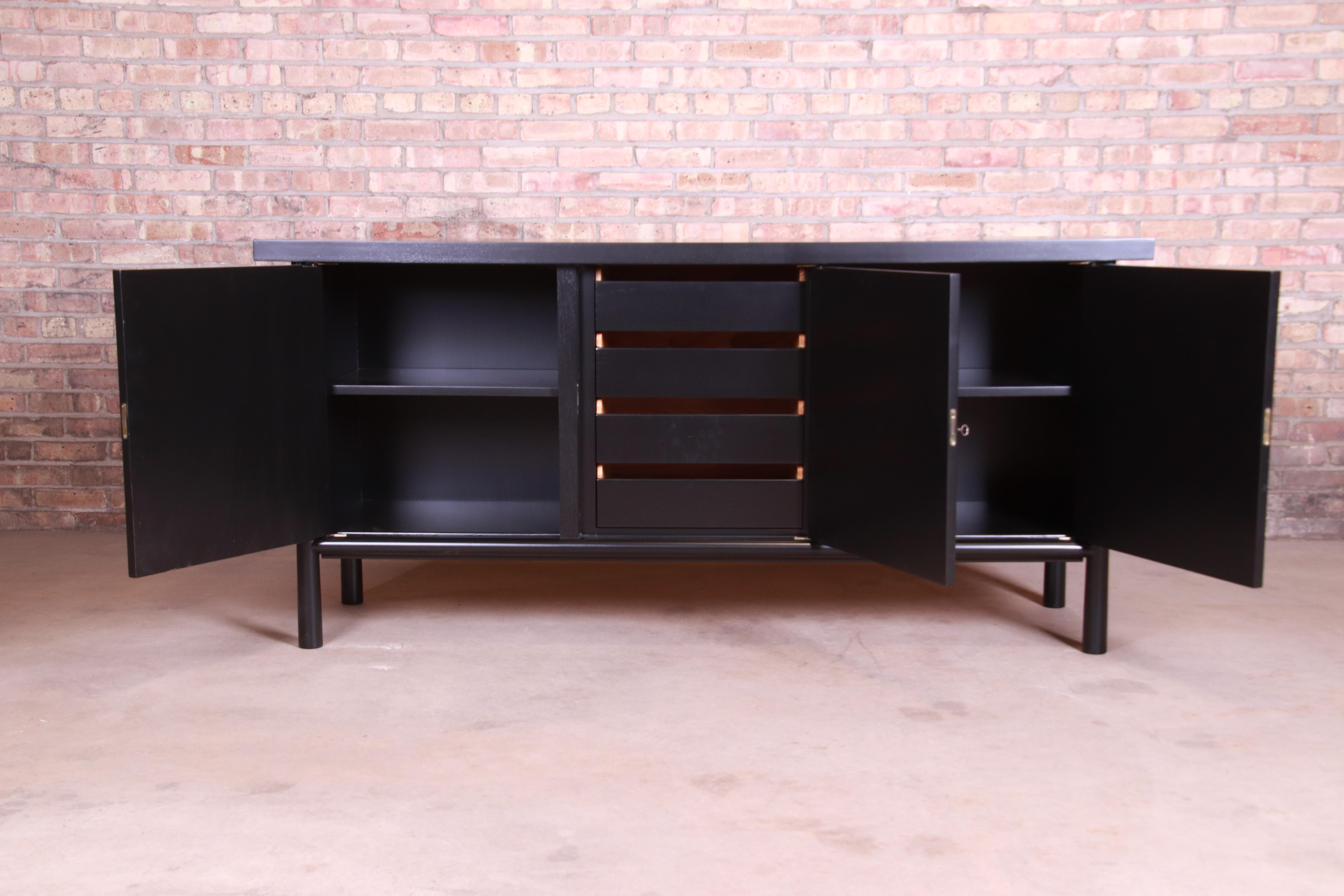 Brass T.H. Robsjohn-Gibbings for Widdicomb Black Lacquered Sideboard, Newly Refinished
