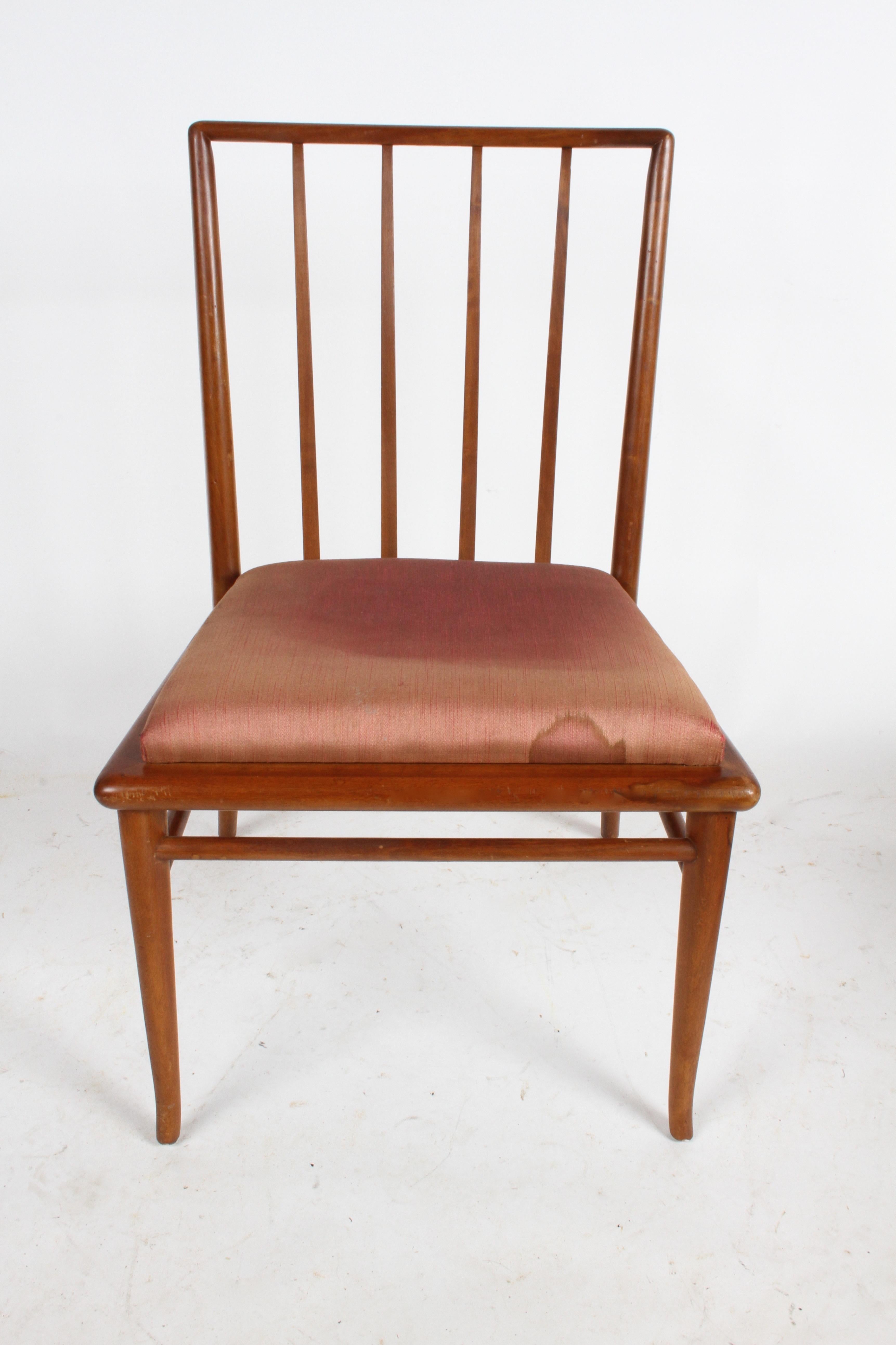 Listed is a single classic slat back dining chair by T.H. Robsjohn-Gibbings for Widdicomb. Shown in original finish, but includes refinishing in color shown or dark espresso, custom color options available. New foam and upholstery extra. Can be used