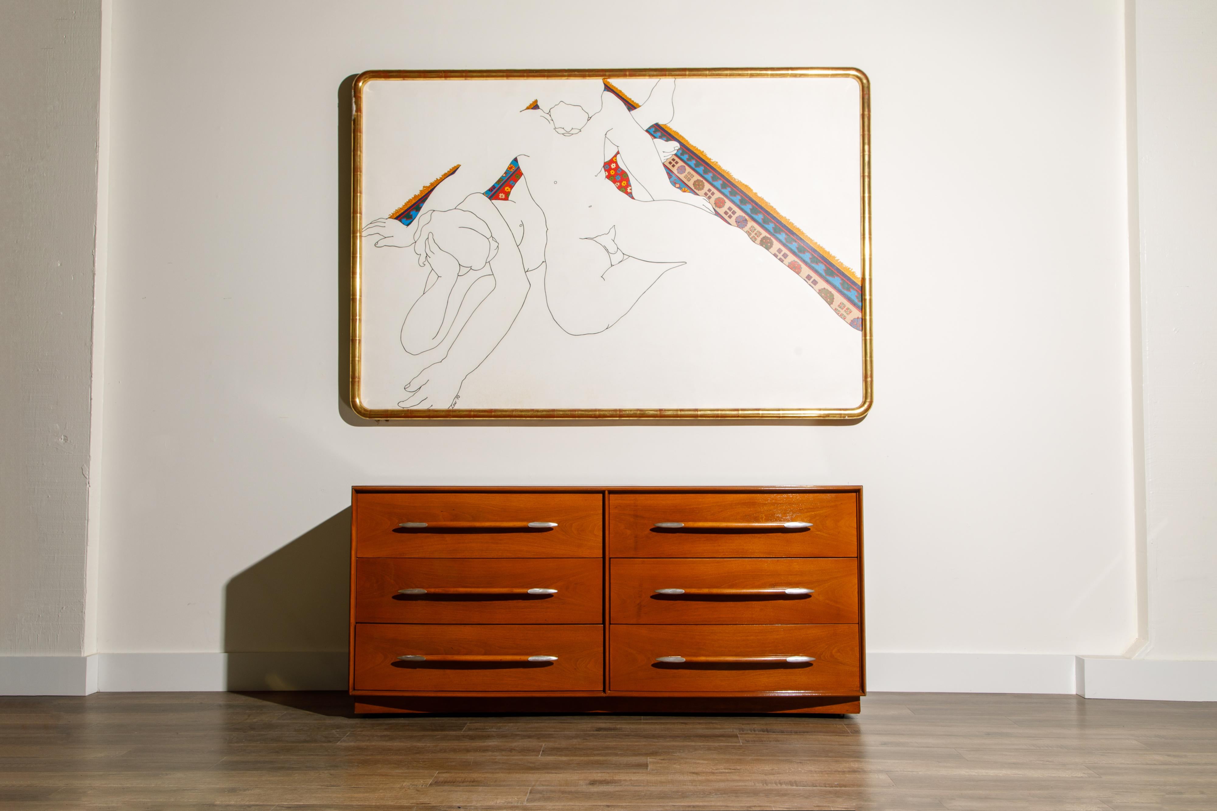 This elegant fully restored double-dresser by T.H. Robsjohn-Gibbings for Widdicomb (USA) features gorgeous walnut grain with nickeled 'Spear' handles. Four of the six drawers have partitions to sort your socks, undies and etc. Top drawer displays