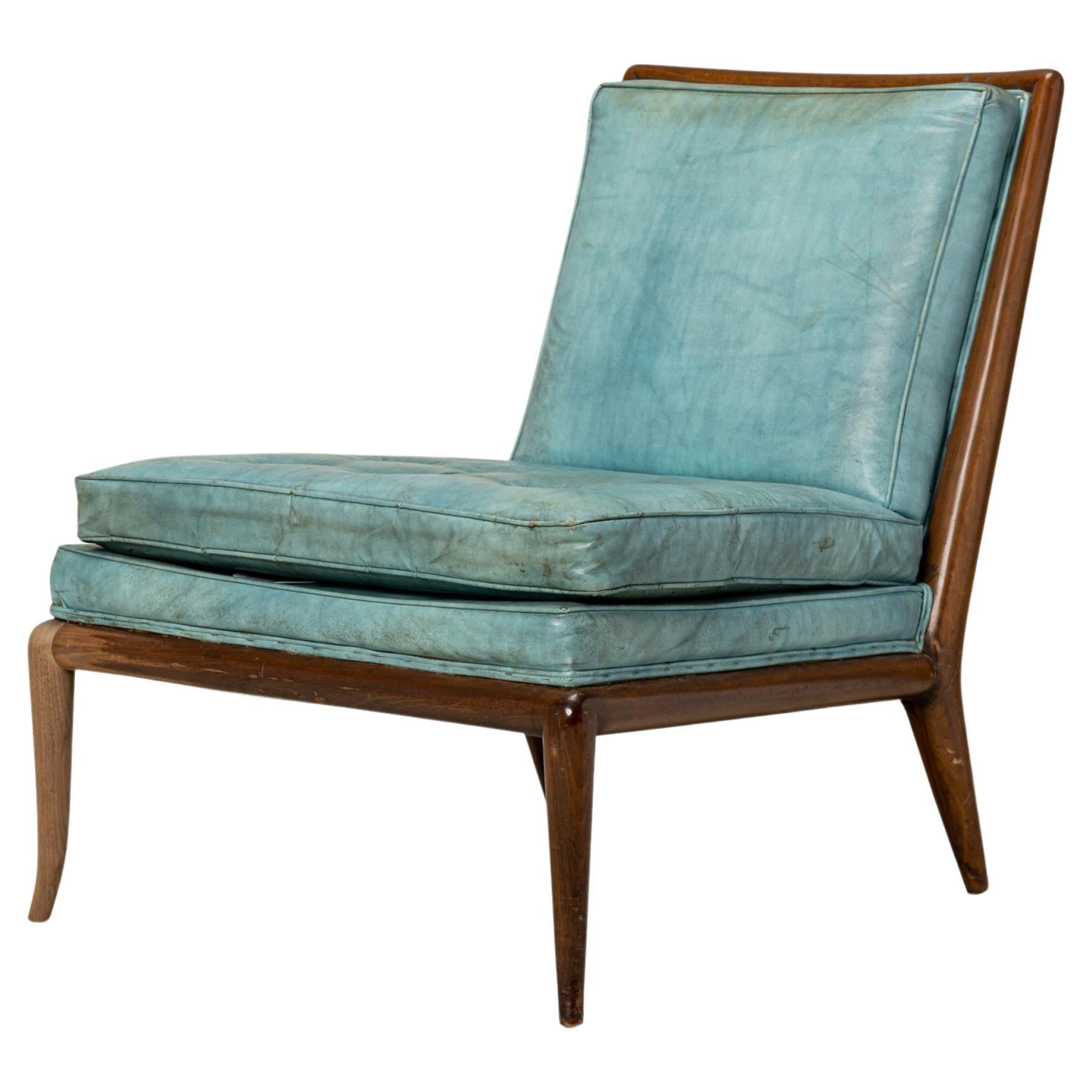 T.H. Robsjohn-Gibbings pour Widdicomb Furniture Co. Fauteuil pantoufle en cuir bleu