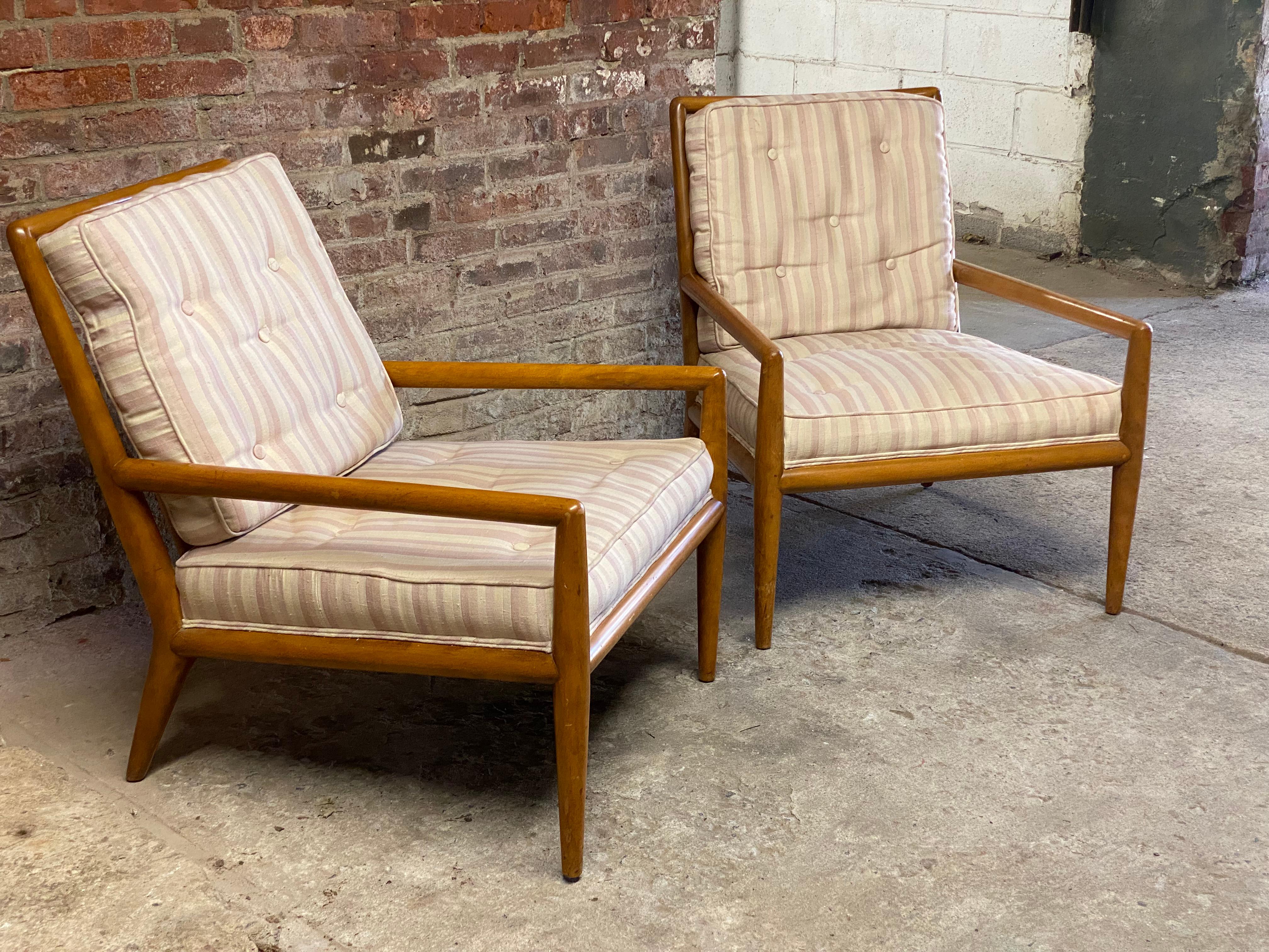 T.H. Robsjohn-Gibbings for Widdicomb lounge chairs. A fine pair of commodious lounge chairs designed by Gibbings for Widdicomb, circa 1950. Good original finish with some minor wear to finish ( upper back rail and legs) bumps, and bruises.