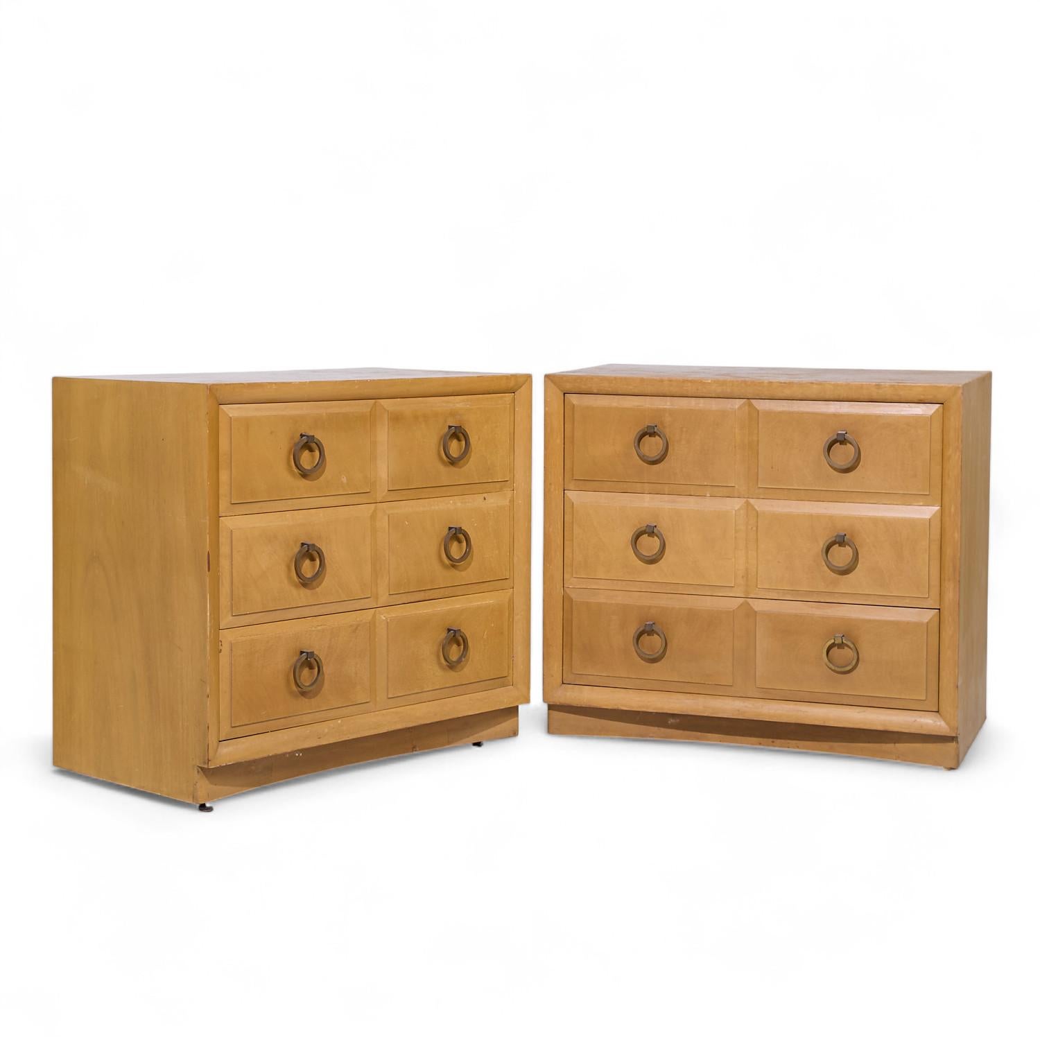 T.H. Robsjohn Gibbings for Widdicomb Mid Century Maple and Brass Three Drawer Chest - Pair

Each chest measures: 36 wide x 20.25 deep x 32.75 high

All pieces of furniture can be had in what we call restored vintage condition. That means the piece